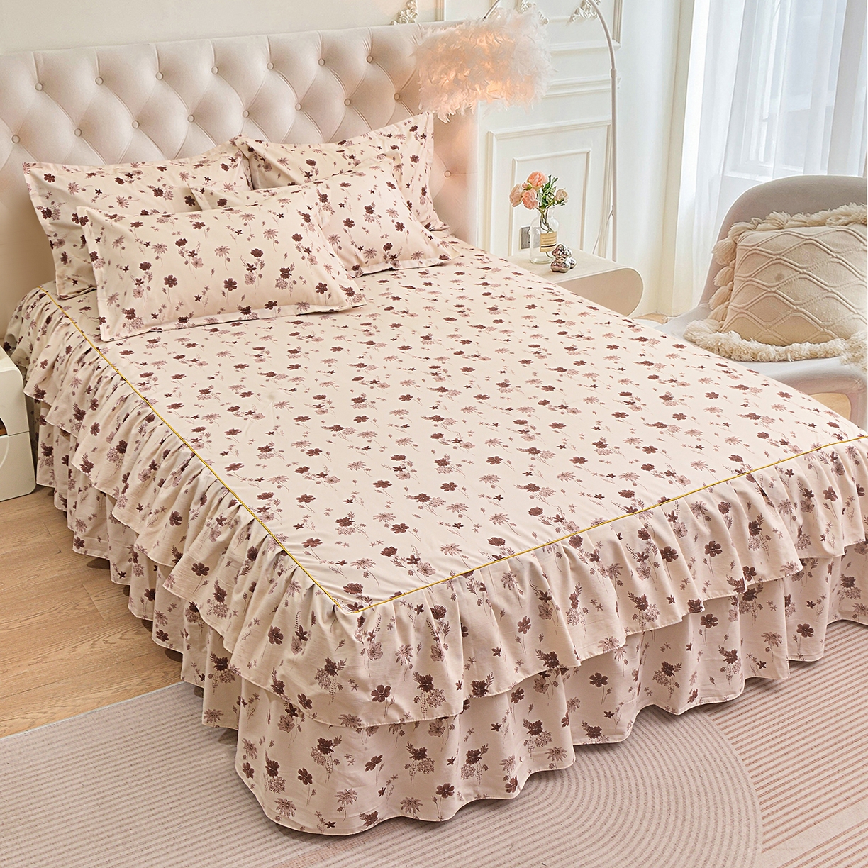 91家纺网 家纺一手货源 找家纺 小雨家纺 2026新款云锦棉韩版印花四件套系列 花屿（拿铁棕）