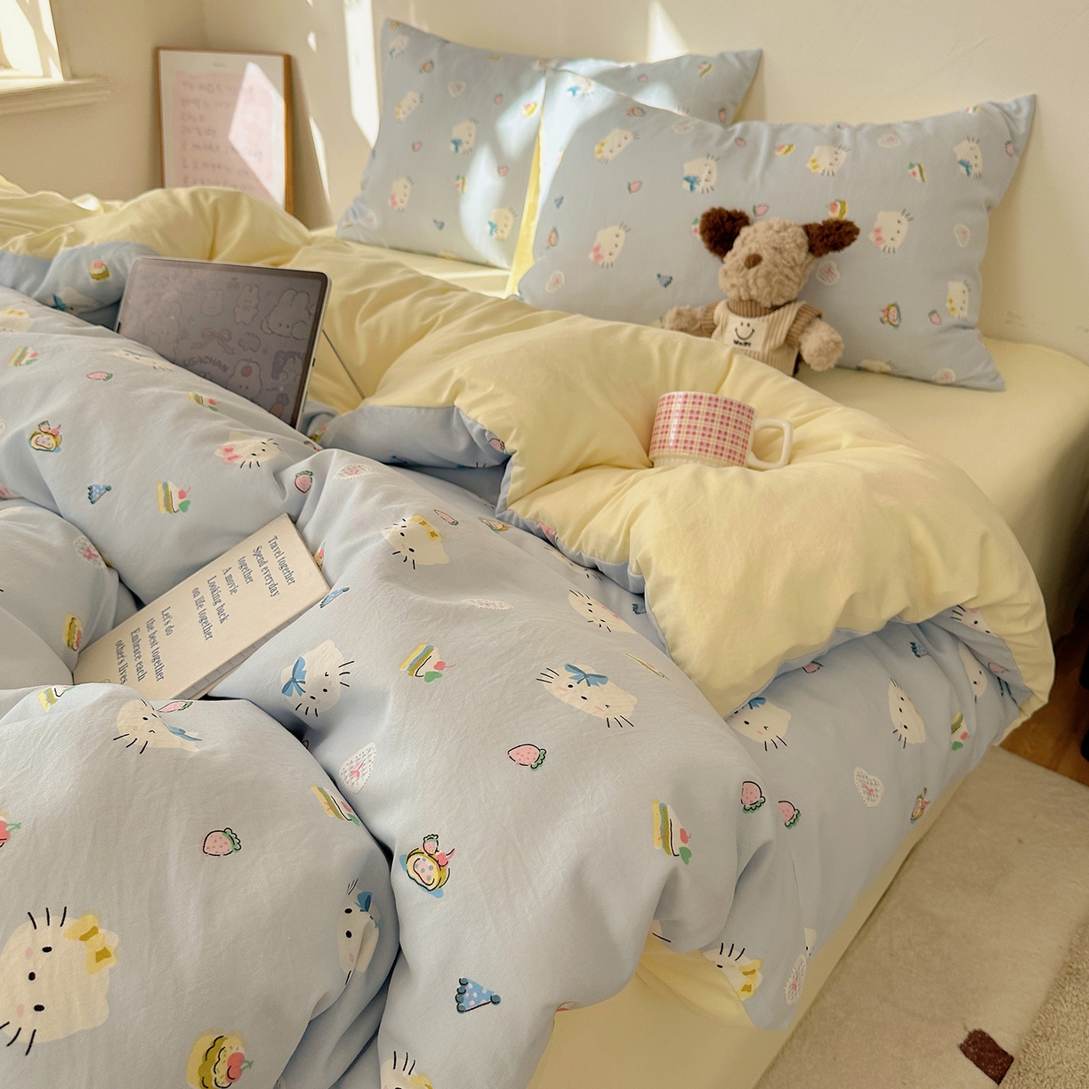 91家纺网 家纺一手货源 找家纺 沐芷 2026 【提供买家秀】水洗棉四件套A类简约小清新床上用品床笠款被套床单三件套被罩卡通可爱 猫屿甜心