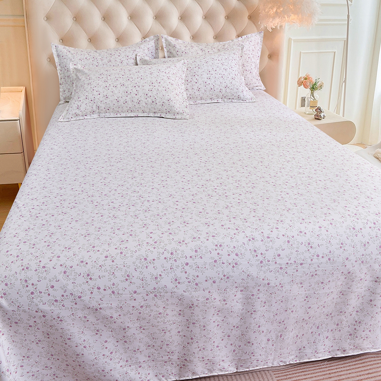 91家纺网 家纺一手货源 找家纺 小雨家纺 2026新款云锦棉韩版印花四件套系列 花盎然9018雪青