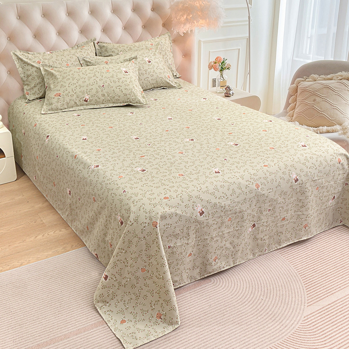 91家纺网 家纺一手货源 找家纺 小雨家纺 2026新款云锦棉韩版印花四件套系列 爱乐兔（拿铁棕）