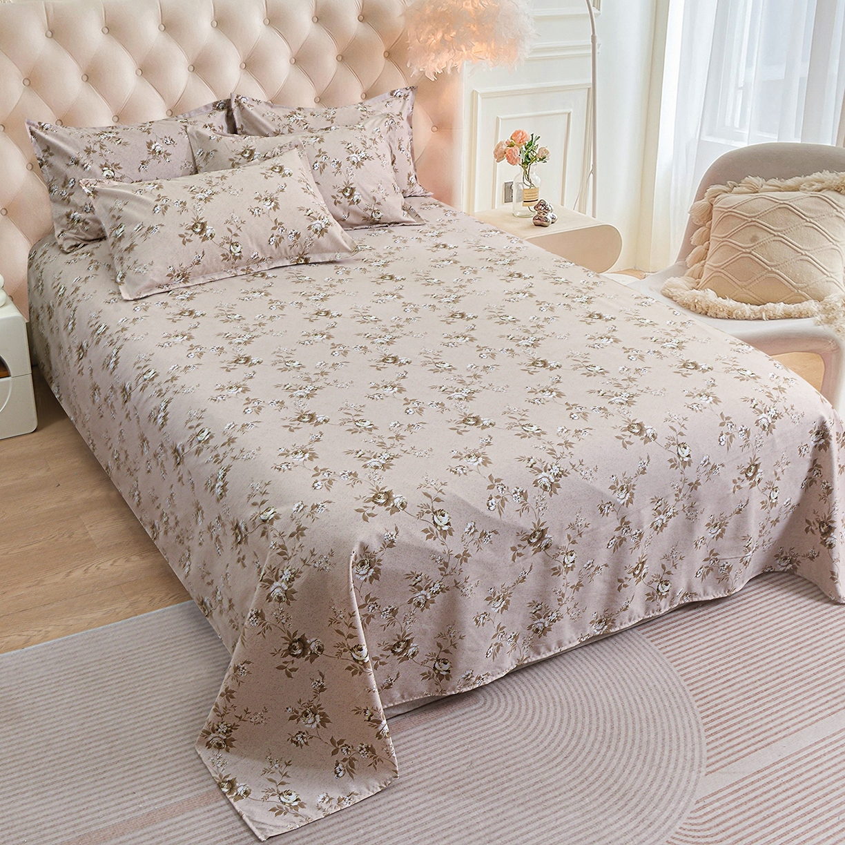 91家纺网 家纺一手货源 找家纺 小雨家纺 2026新款云锦棉韩版印花四件套系列 花屿9055咖拿铁棕