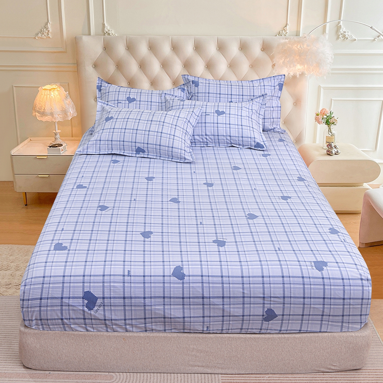 91家纺网 家纺一手货源 找家纺 小雨家纺 2026新款云锦棉韩版印花四件套系列 怦然心动（冷凝灰）