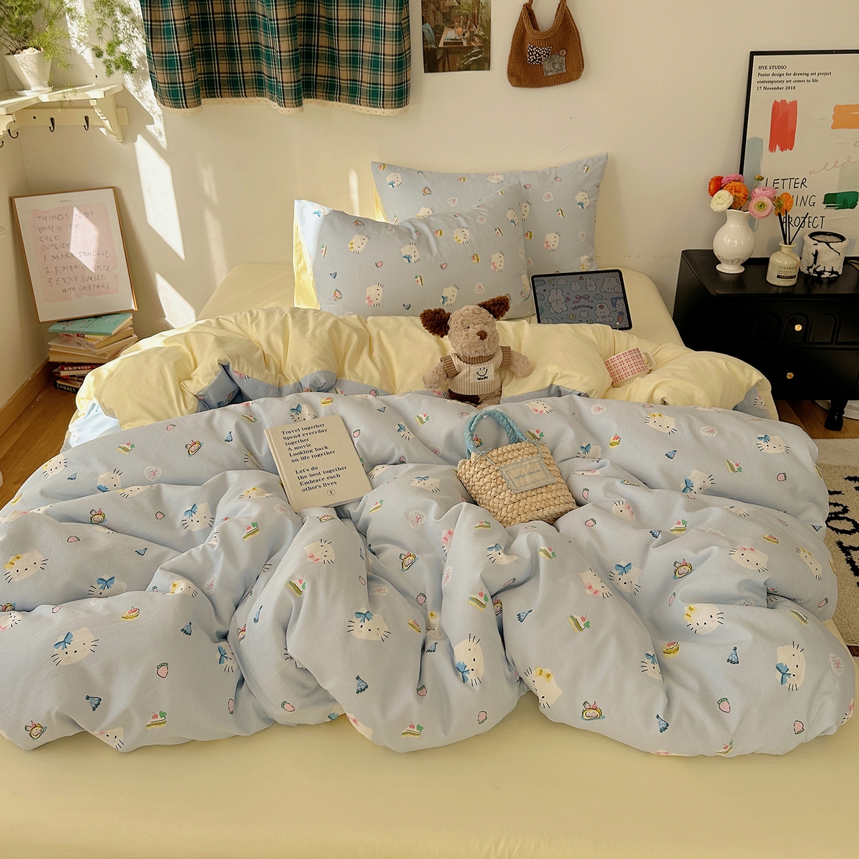 91家纺网 家纺一手货源 找家纺 沐芷 2026 【提供买家秀】水洗棉四件套A类简约小清新床上用品床笠款被套床单三件套被罩卡通可爱 猫屿甜心