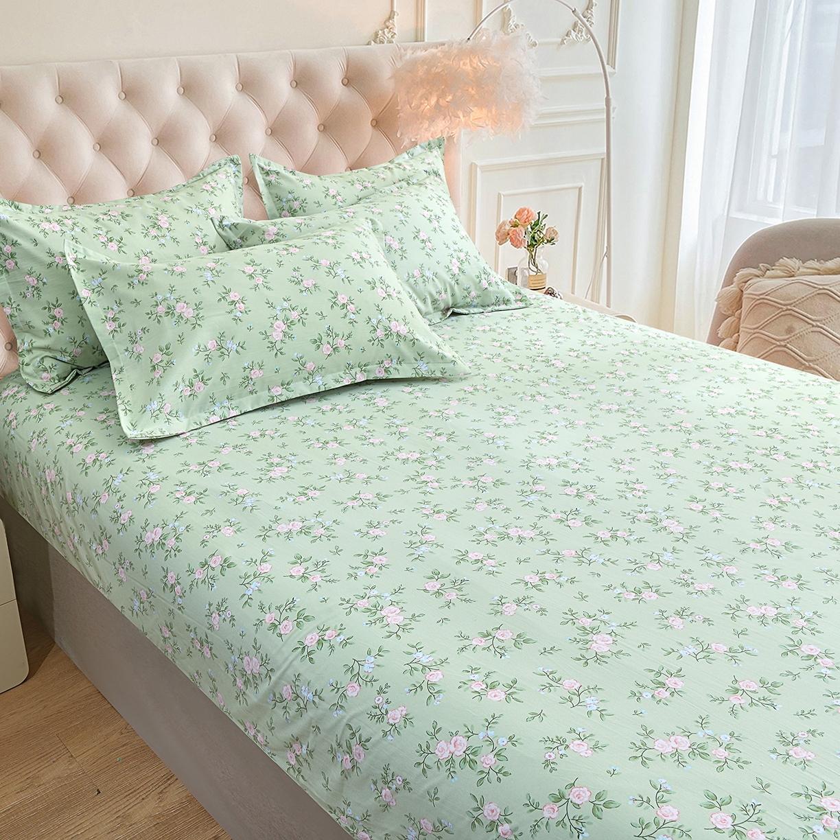 91家纺网 家纺一手货源 找家纺 小雨家纺 2026新款云锦棉韩版印花四件套系列 绿野仙踪9019山野绿