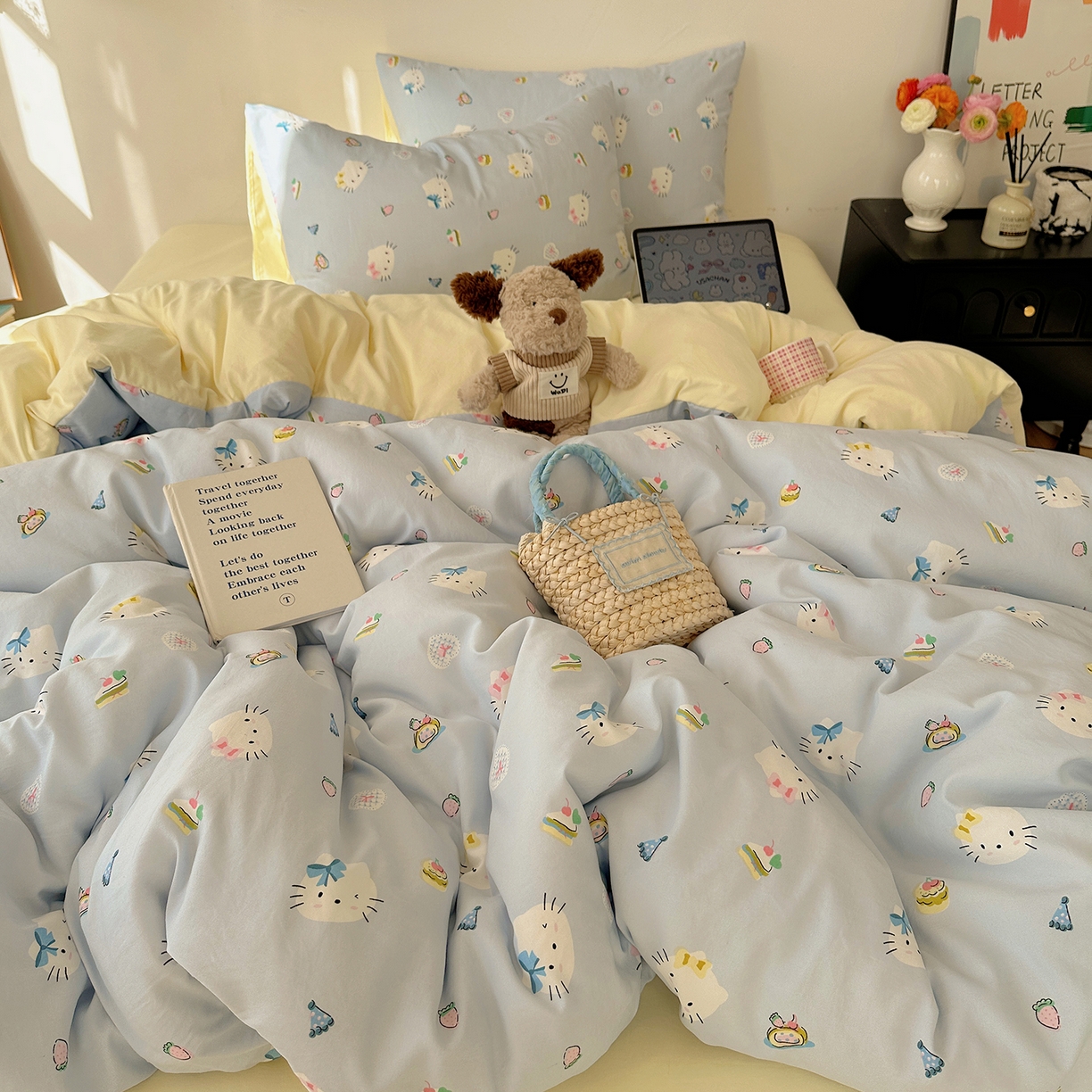 91家纺网 家纺一手货源 找家纺 沐芷 2026 【提供买家秀】水洗棉四件套A类简约小清新床上用品床笠款被套床单三件套被罩卡通可爱 猫屿甜心