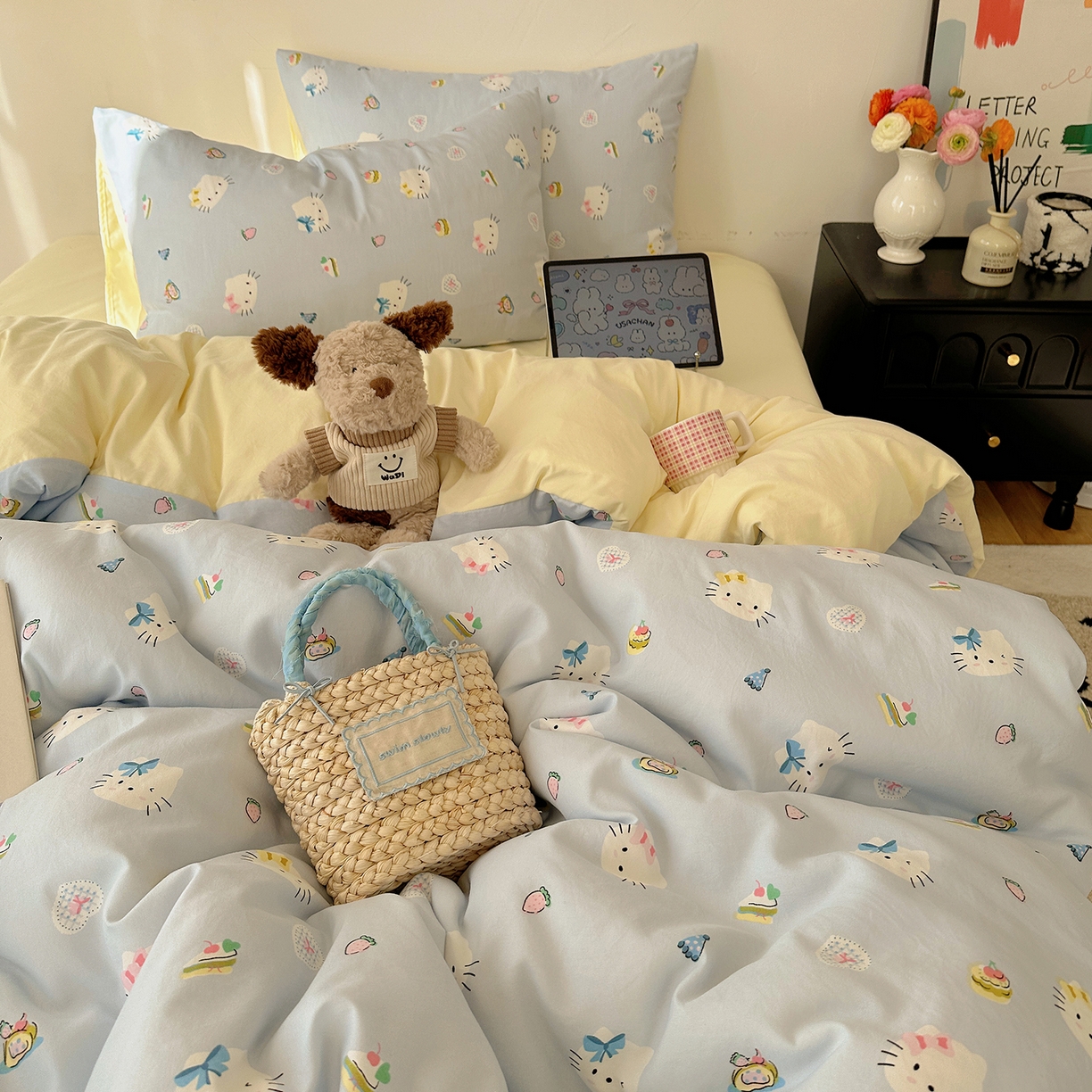 91家纺网 家纺一手货源 找家纺 沐芷 2026 【提供买家秀】水洗棉四件套A类简约小清新床上用品床笠款被套床单三件套被罩卡通可爱 猫屿甜心