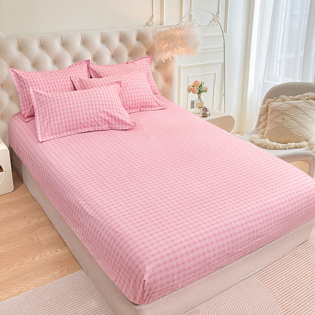 91家纺网 家纺一手货源 找家纺 小雨家纺 2026新款云锦棉韩版印花四件套系列 阿波罗（樱花粉）