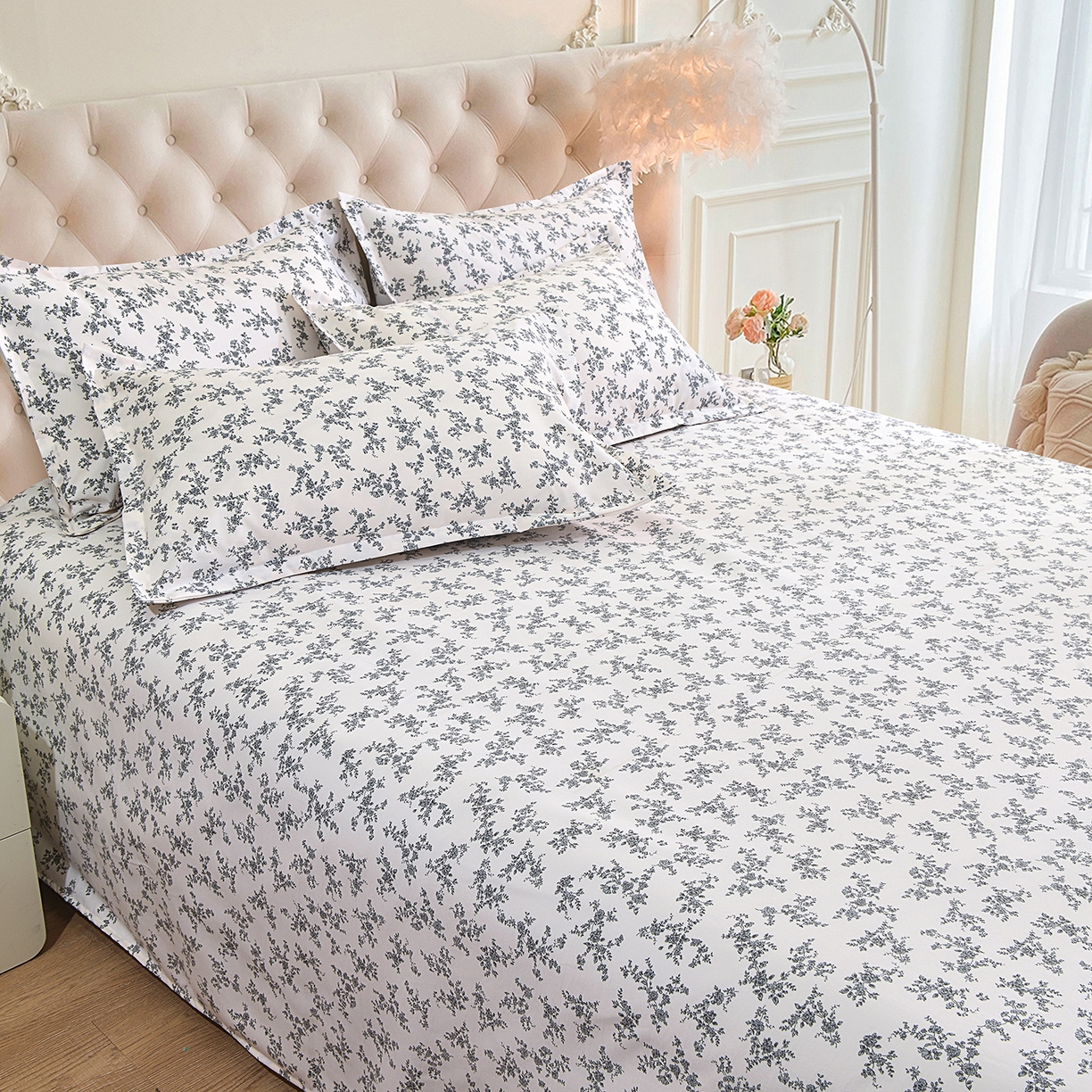 91家纺网 家纺一手货源 找家纺 小雨家纺 2026新款云锦棉韩版印花四件套系列 成瑾9014（星河灰）