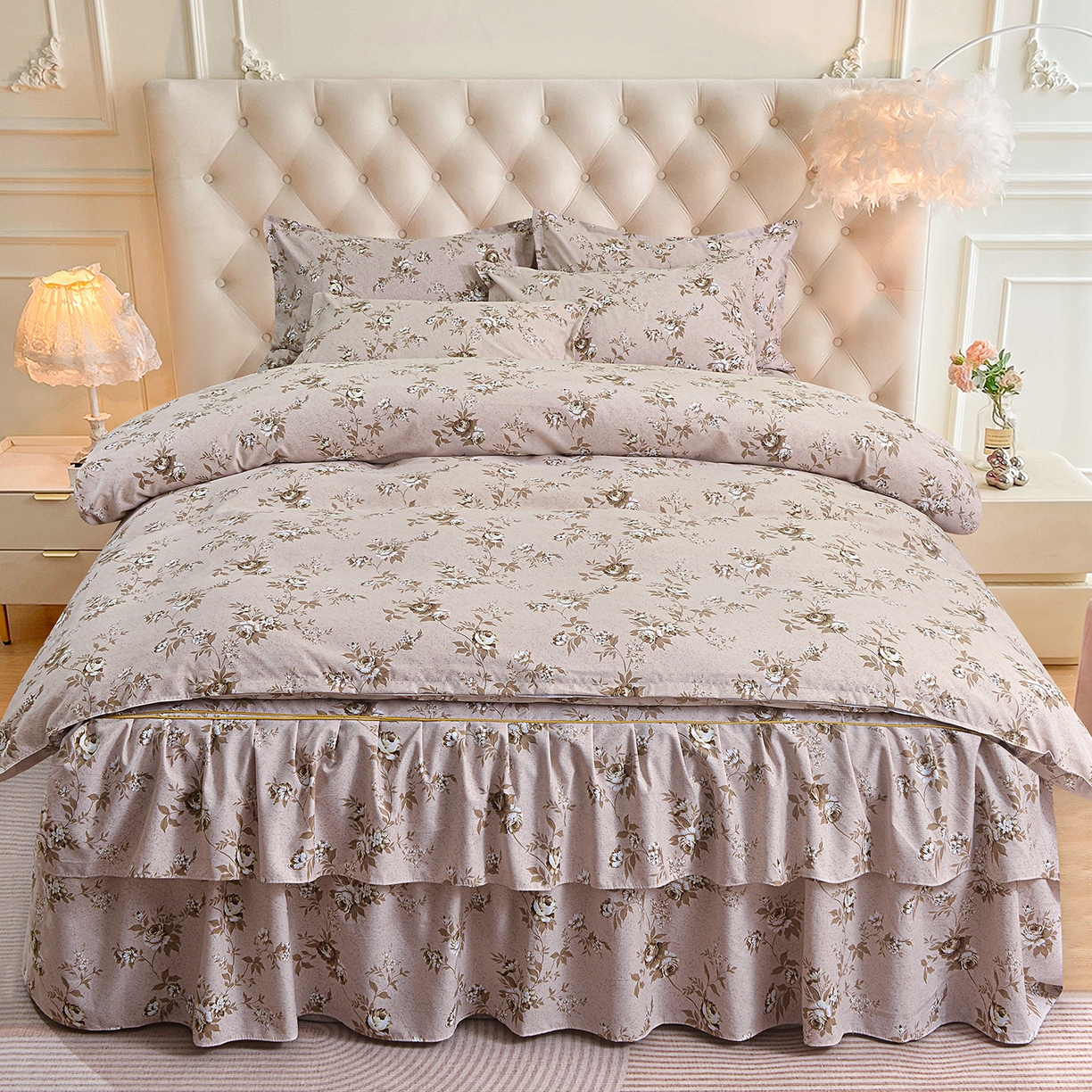 小雨家纺 2026新款云锦棉韩版印花四件套系列 花屿9055咖拿铁棕