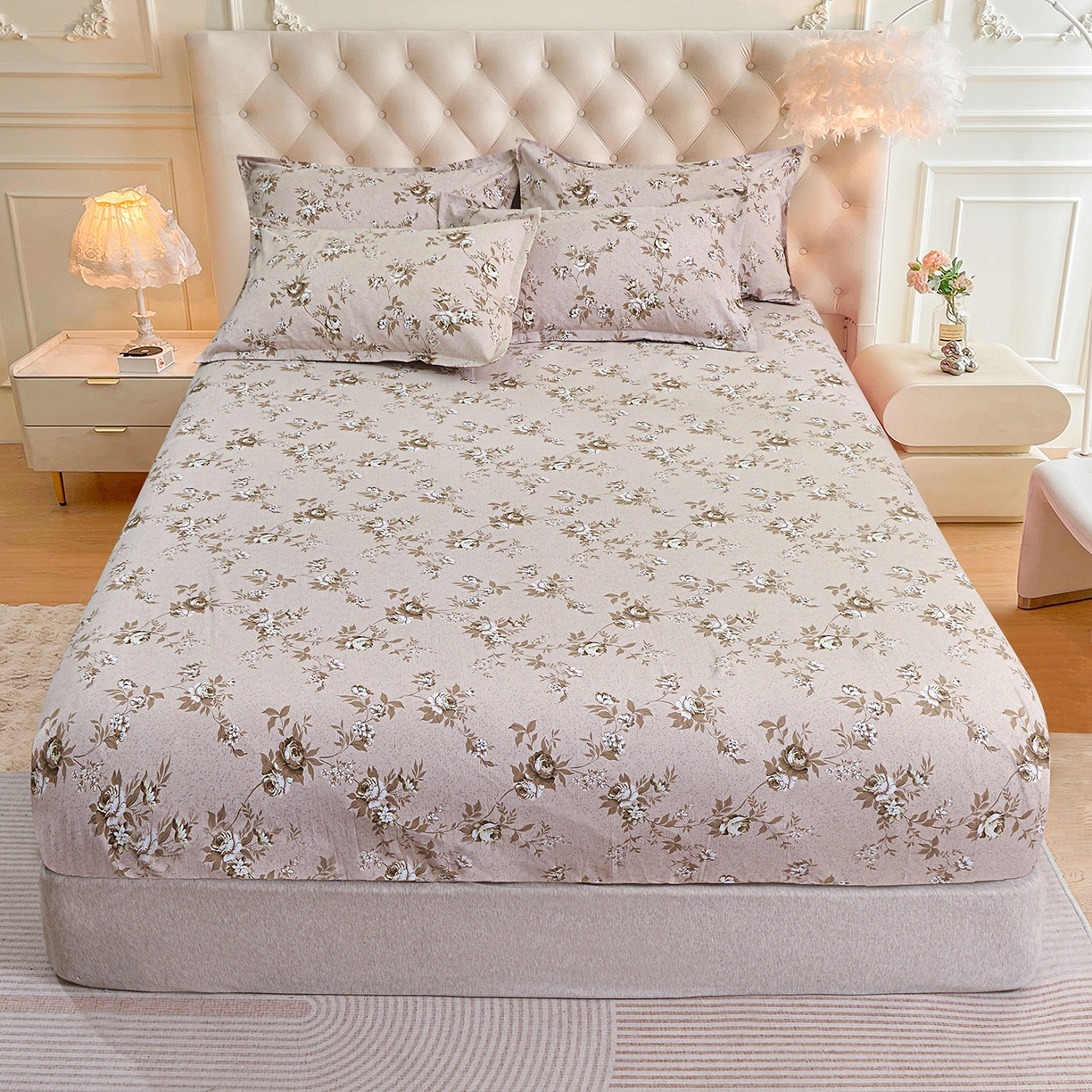 91家纺网 家纺一手货源 找家纺 小雨家纺 2026新款云锦棉韩版印花四件套系列 花屿9055咖拿铁棕