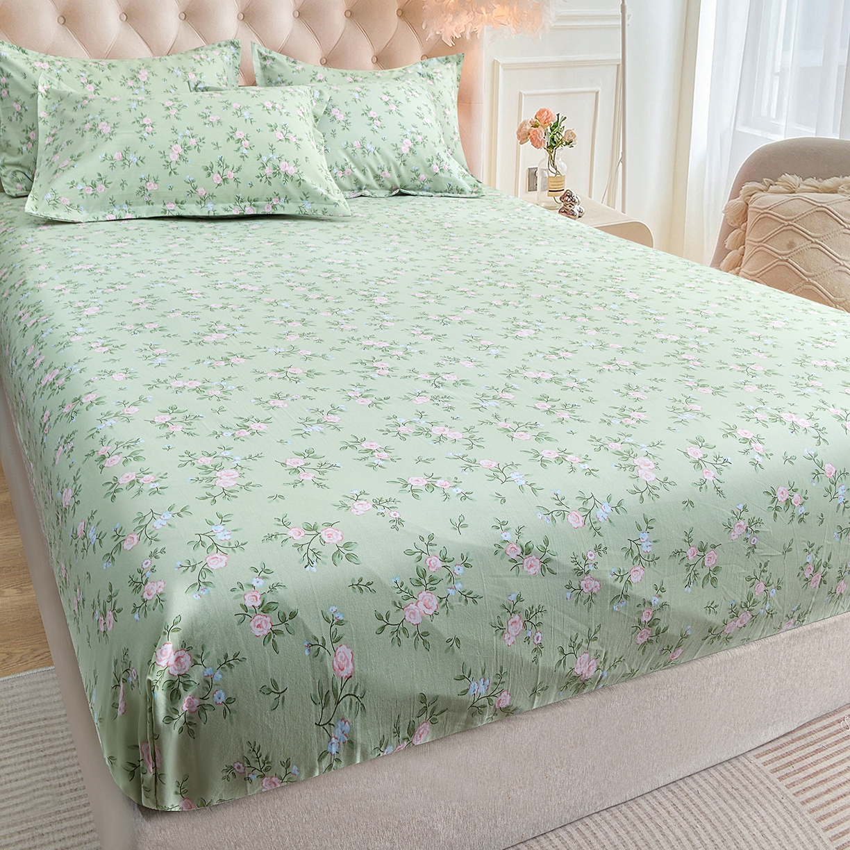 91家纺网 家纺一手货源 找家纺 小雨家纺 2026新款云锦棉韩版印花四件套系列 绿野仙踪9019山野绿