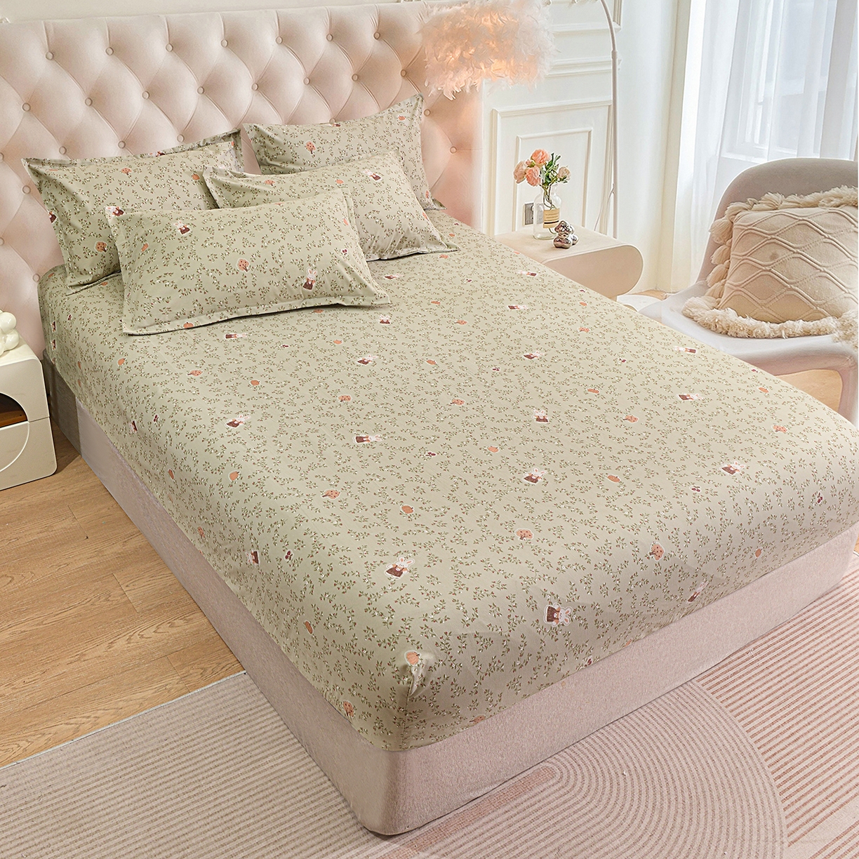 91家纺网 家纺一手货源 找家纺 小雨家纺 2026新款云锦棉韩版印花四件套系列 爱乐兔（拿铁棕）