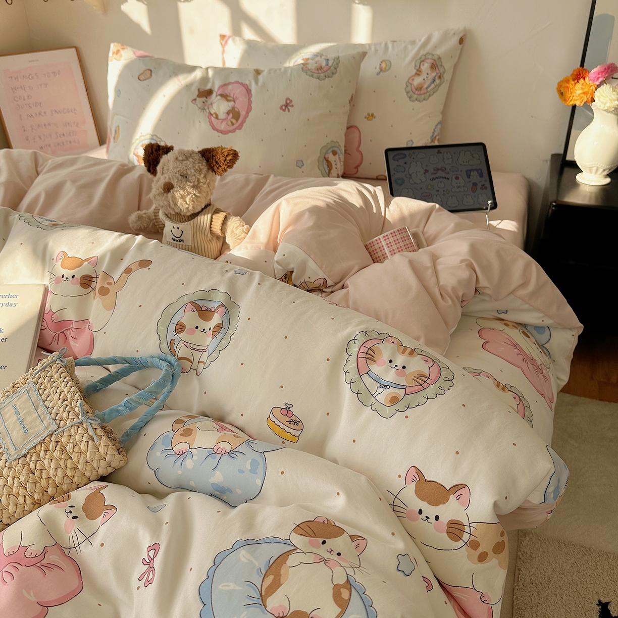 91家纺网 家纺一手货源 找家纺 沐芷 2026 【提供买家秀】水洗棉四件套A类简约小清新床上用品床笠款被套床单三件套被罩卡通可爱 萌猫派对