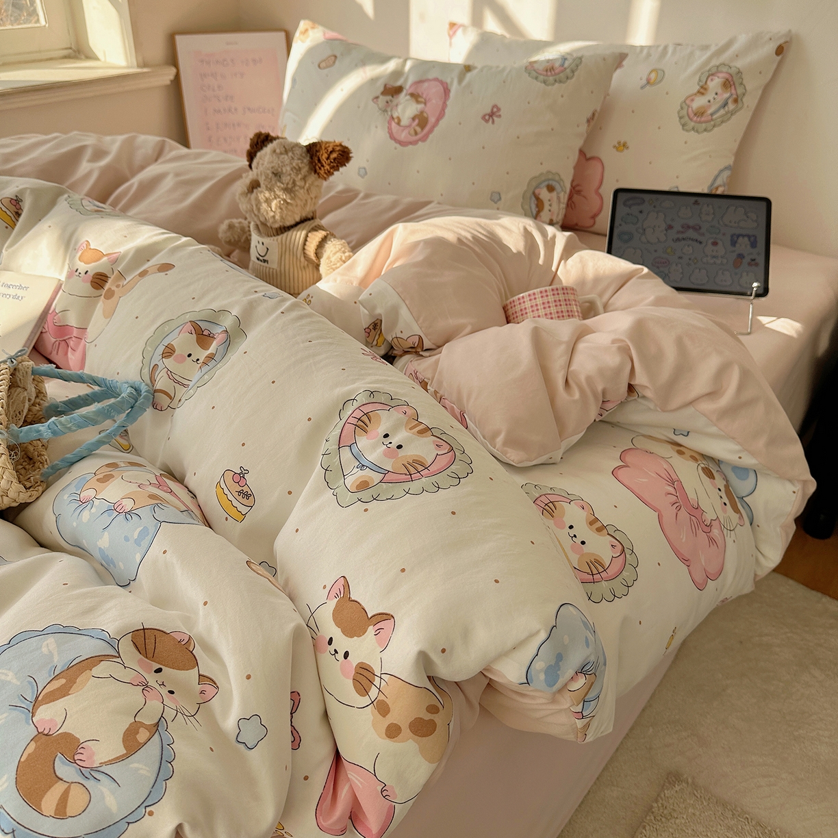 91家纺网 家纺一手货源 找家纺 沐芷 2026 【提供买家秀】水洗棉四件套A类简约小清新床上用品床笠款被套床单三件套被罩卡通可爱 萌猫派对