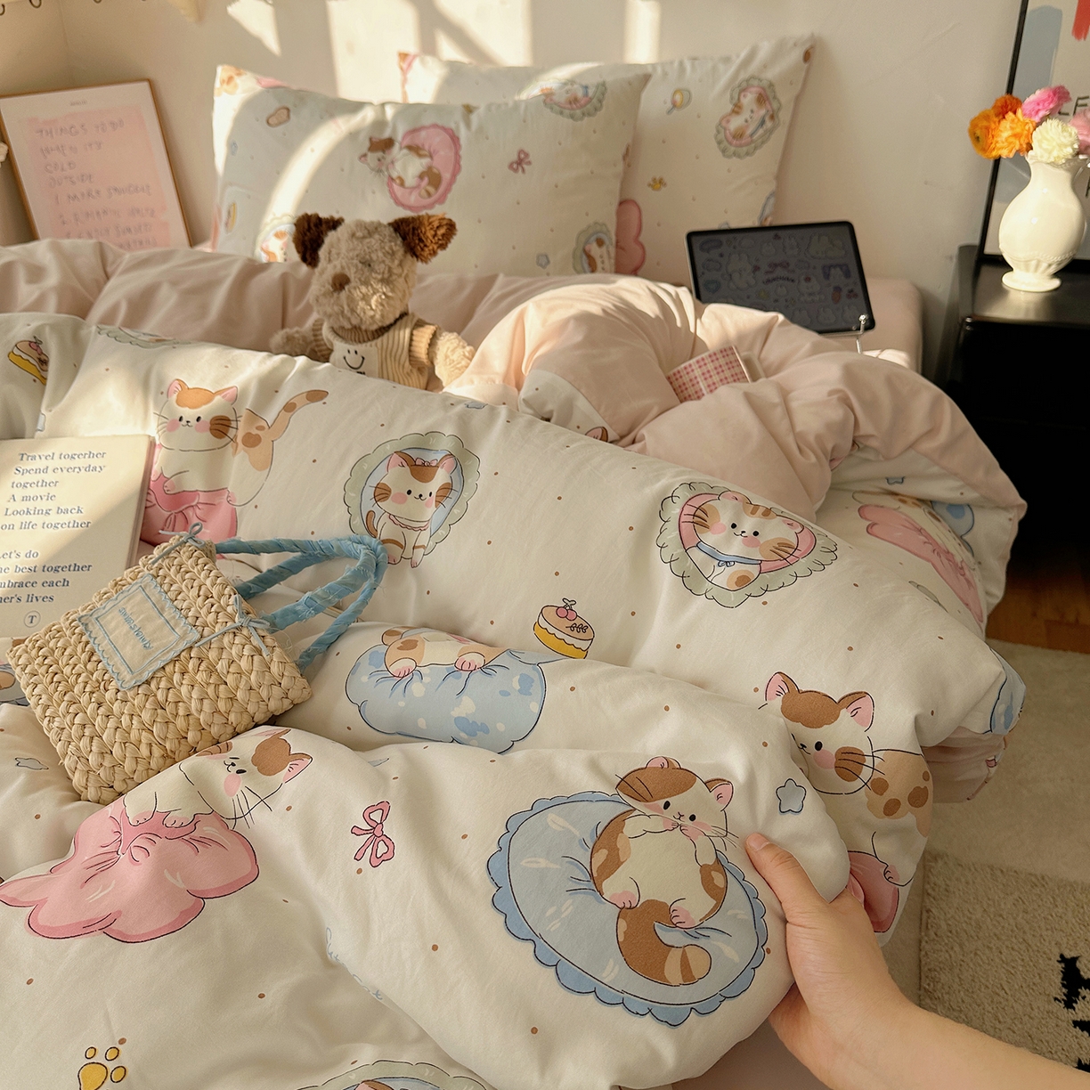 91家纺网 家纺一手货源 找家纺 沐芷 2026 【提供买家秀】水洗棉四件套A类简约小清新床上用品床笠款被套床单三件套被罩卡通可爱 萌猫派对