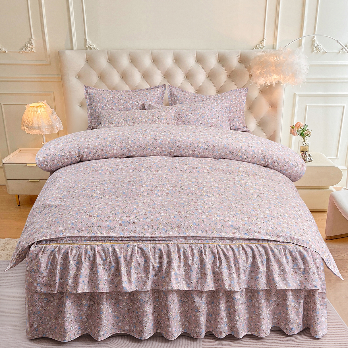 小雨家纺 2026新款云锦棉韩版印花四件套系列 花艺（贝卡黄