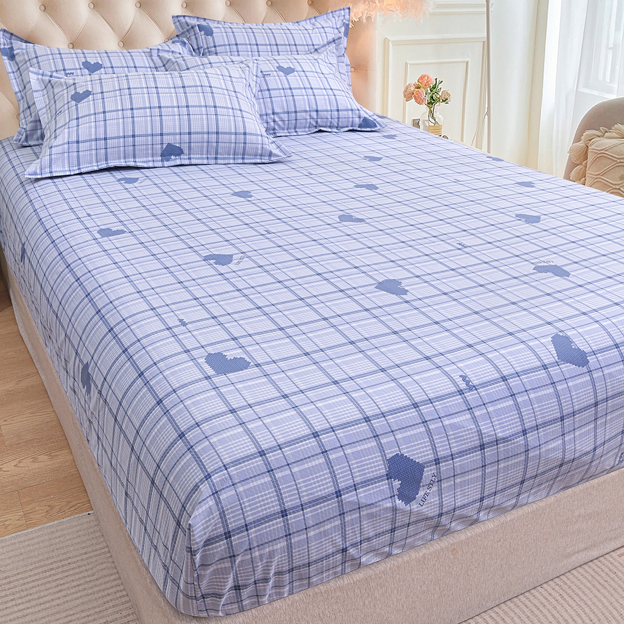 91家纺网 家纺一手货源 找家纺 小雨家纺 2026新款云锦棉韩版印花四件套系列 怦然心动（冷凝灰）