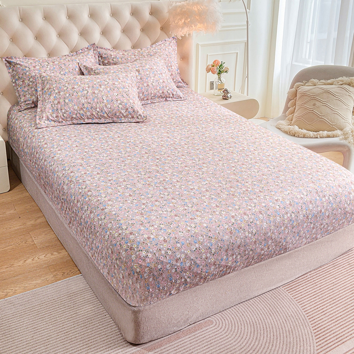 91家纺网 家纺一手货源 找家纺 小雨家纺 2026新款云锦棉韩版印花四件套系列 花艺（贝卡黄