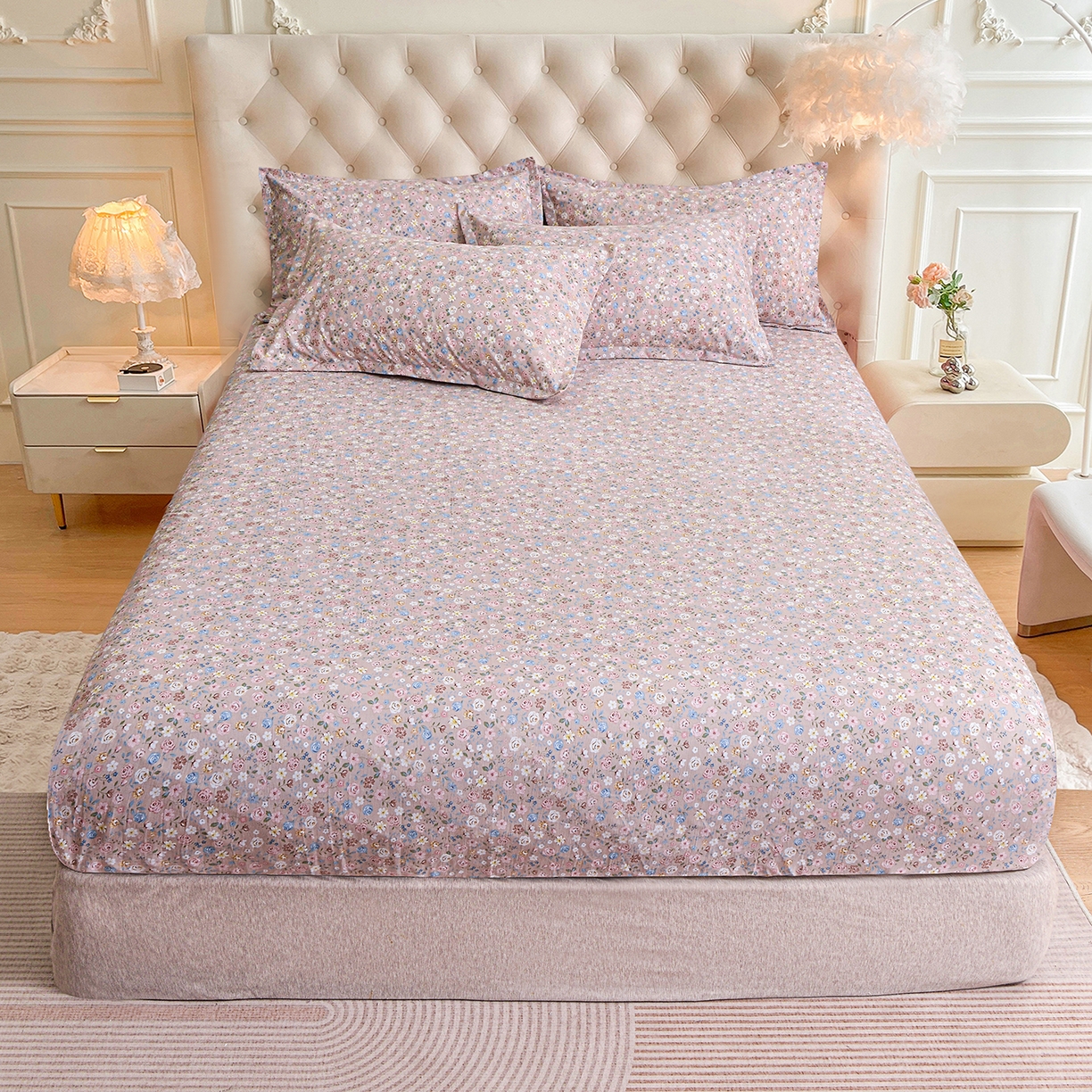 91家纺网 家纺一手货源 找家纺 小雨家纺 2026新款云锦棉韩版印花四件套系列 花艺（贝卡黄