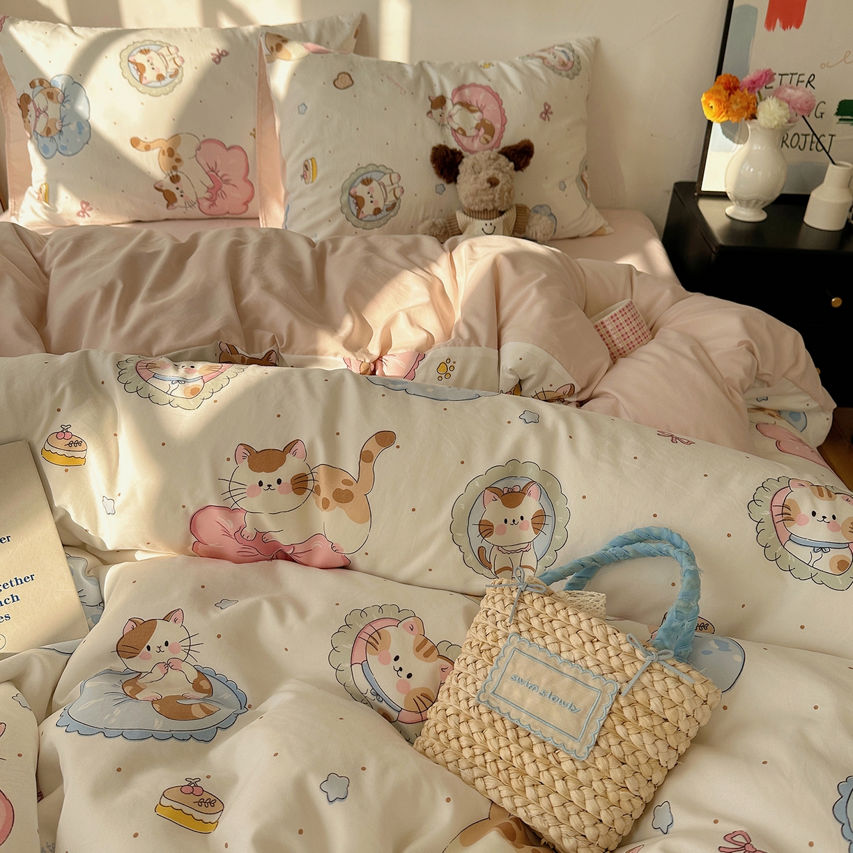 91家纺网 家纺一手货源 找家纺 沐芷 2026 【提供买家秀】水洗棉四件套A类简约小清新床上用品床笠款被套床单三件套被罩卡通可爱 萌猫派对