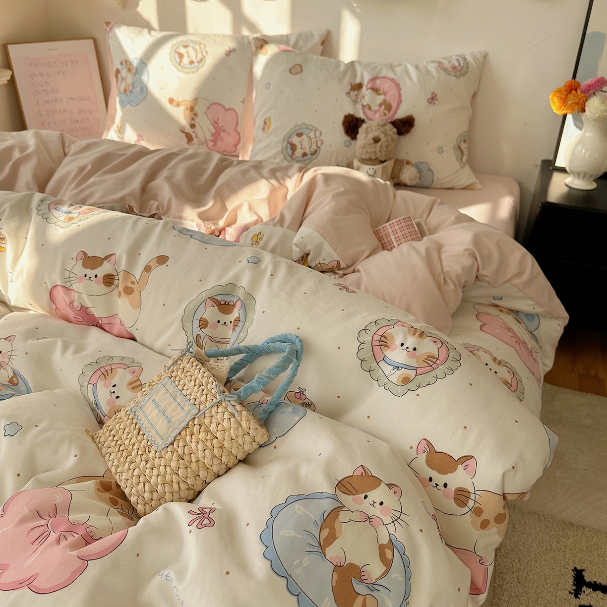 91家纺网 家纺一手货源 找家纺 沐芷 2026 【提供买家秀】水洗棉四件套A类简约小清新床上用品床笠款被套床单三件套被罩卡通可爱 萌猫派对