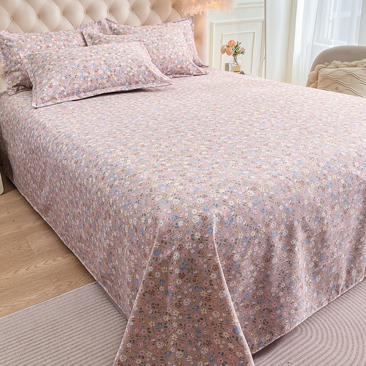 91家纺网 家纺一手货源 找家纺 小雨家纺 2026新款云锦棉韩版印花四件套系列 花艺（贝卡黄