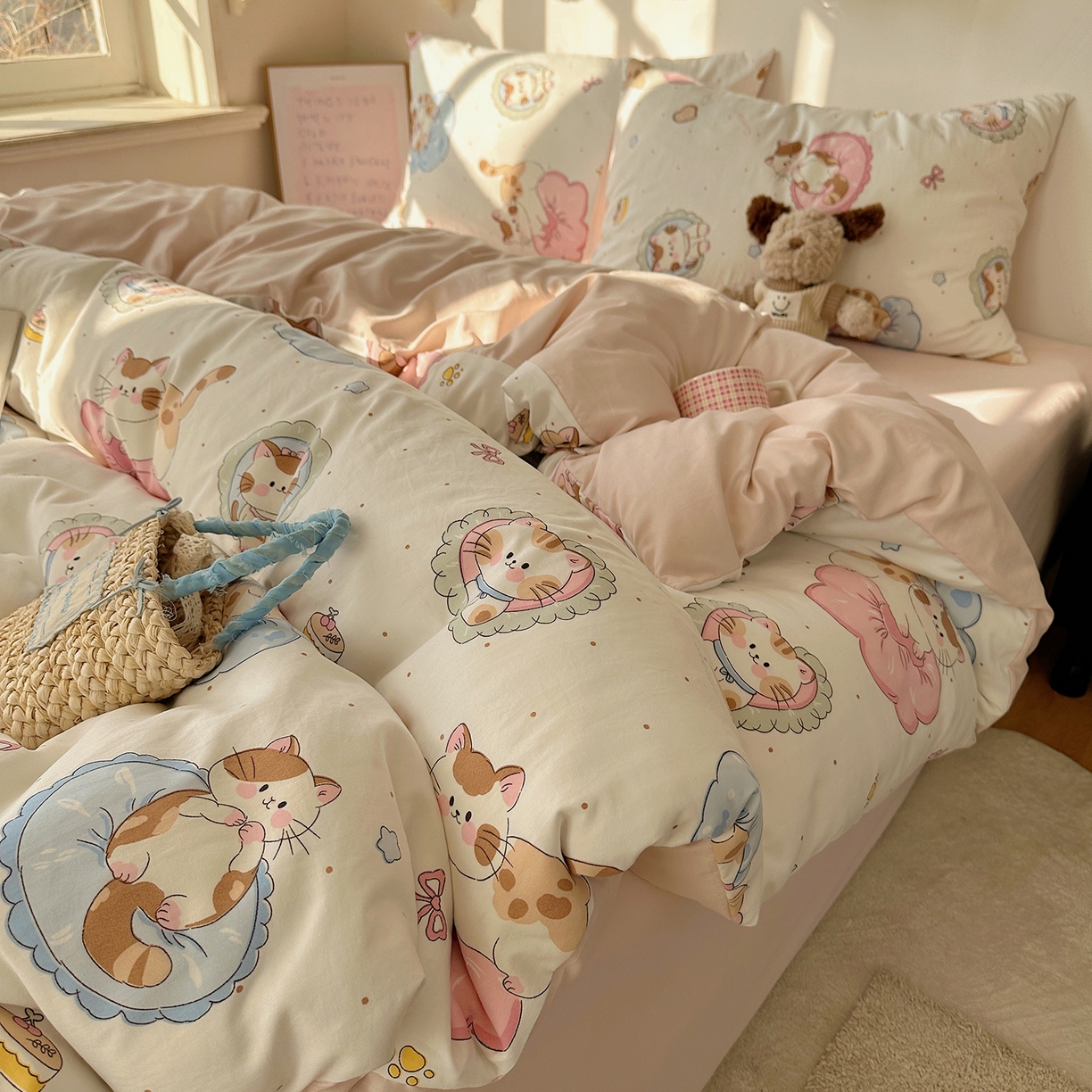 91家纺网 家纺一手货源 找家纺 沐芷 2026 【提供买家秀】水洗棉四件套A类简约小清新床上用品床笠款被套床单三件套被罩卡通可爱 萌猫派对