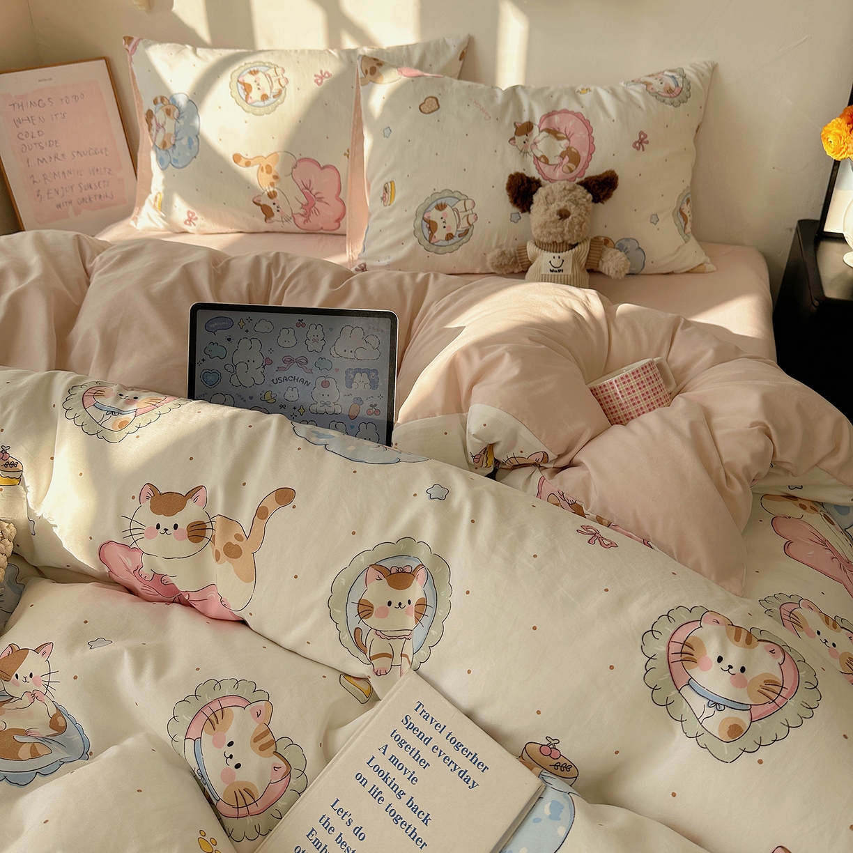 91家纺网 家纺一手货源 找家纺 沐芷 2026 【提供买家秀】水洗棉四件套A类简约小清新床上用品床笠款被套床单三件套被罩卡通可爱 萌猫派对