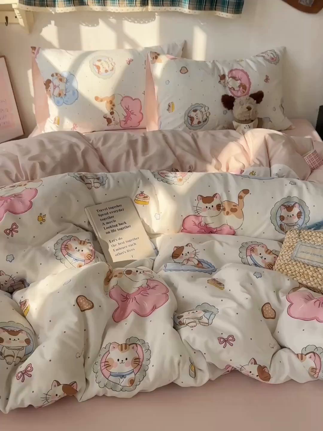 91家纺网 家纺一手货源 找家纺 沐芷 2026 【提供买家秀】水洗棉四件套A类简约小清新床上用品床笠款被套床单三件套被罩卡通可爱 萌猫派对