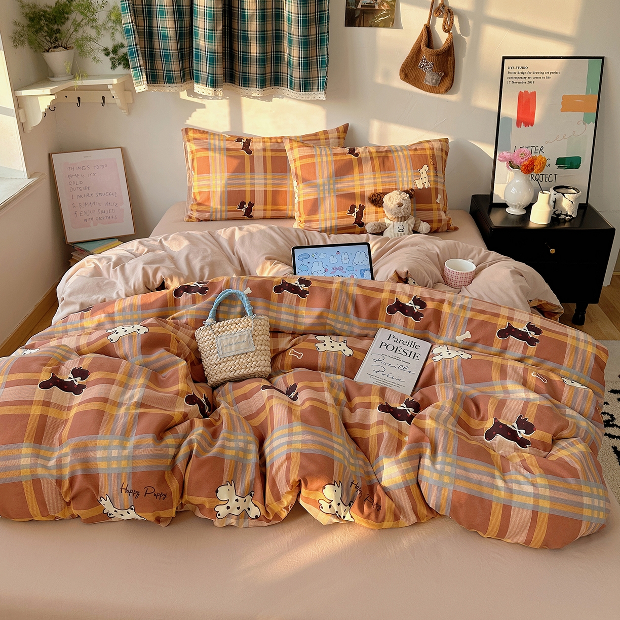 91家纺网 家纺一手货源 找家纺 沐芷 2026 【提供买家秀】水洗棉四件套A类简约小清新床上用品床笠款被套床单三件套被罩卡通可爱 趣跑