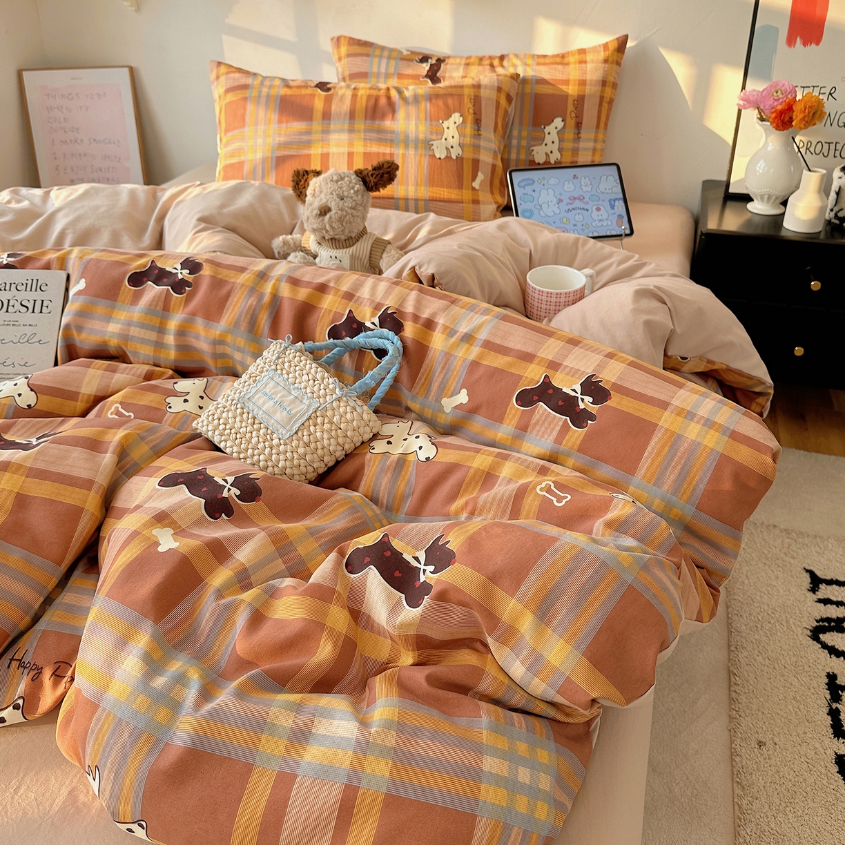 91家纺网 家纺一手货源 找家纺 沐芷 2026 【提供买家秀】水洗棉四件套A类简约小清新床上用品床笠款被套床单三件套被罩卡通可爱 趣跑