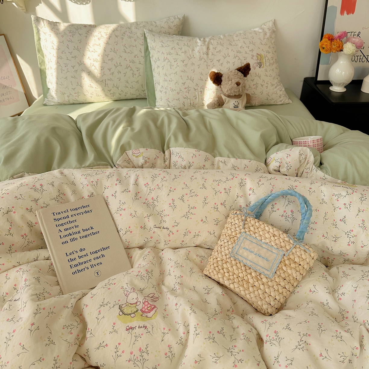 91家纺网 家纺一手货源 找家纺 沐芷 2026 【提供买家秀】水洗棉四件套A类简约小清新床上用品床笠款被套床单三件套被罩卡通可爱 森系田园兔