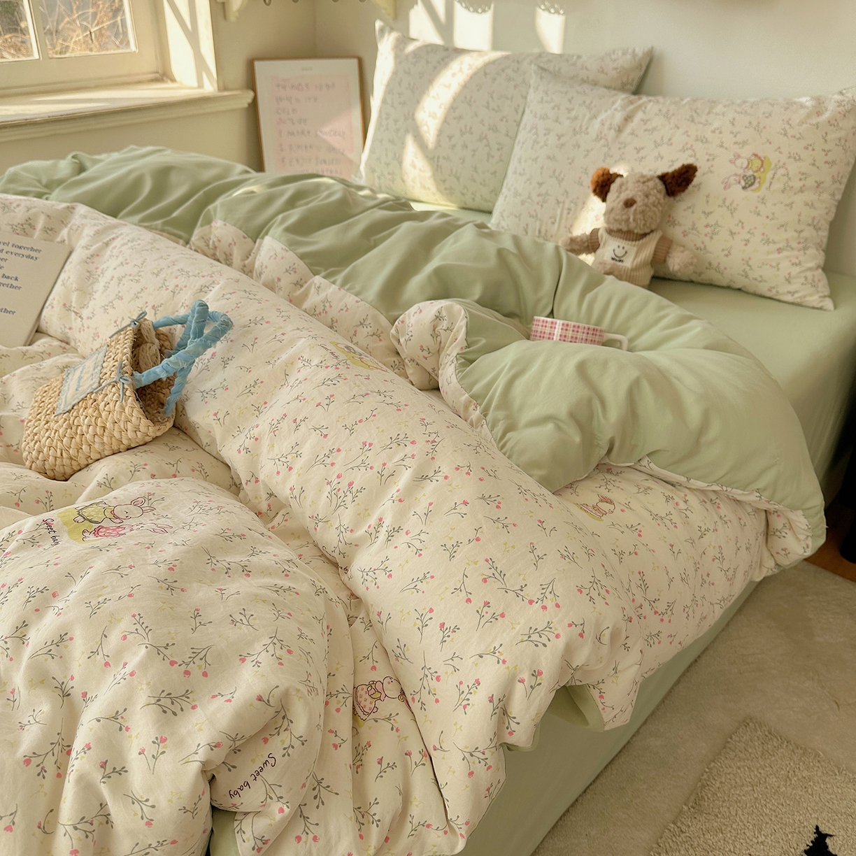 91家纺网 家纺一手货源 找家纺 沐芷 2026 【提供买家秀】水洗棉四件套A类简约小清新床上用品床笠款被套床单三件套被罩卡通可爱 森系田园兔