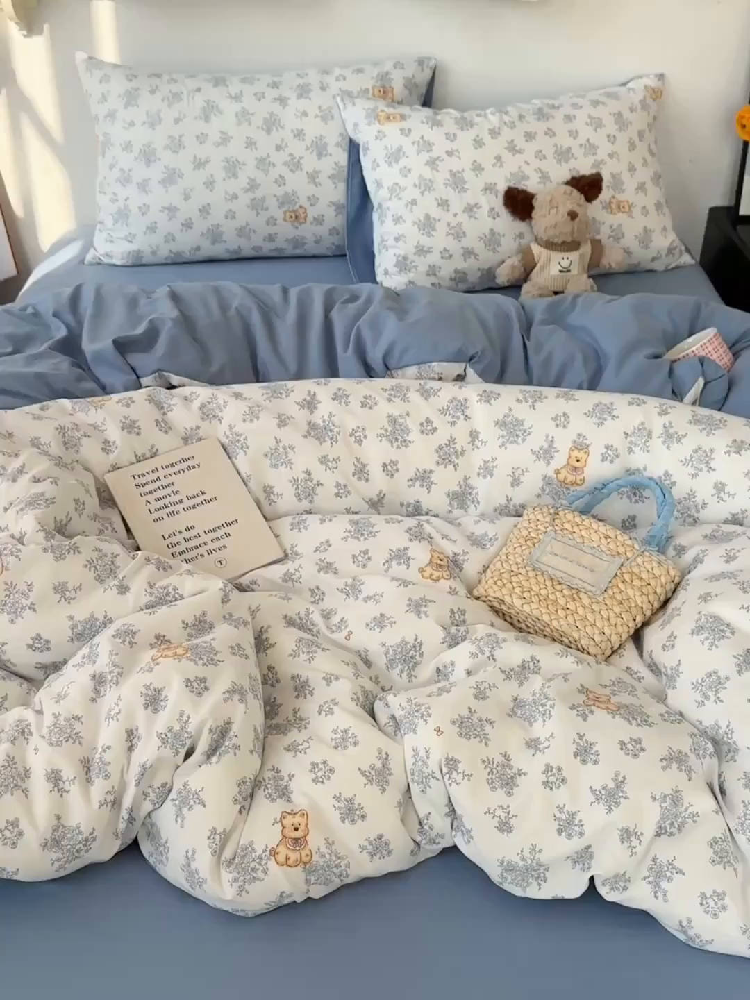 91家纺网 家纺一手货源 找家纺 沐芷 2026 【提供买家秀】水洗棉四件套A类简约小清新床上用品床笠款被套床单三件套被罩卡通可爱 雾蓝西高地