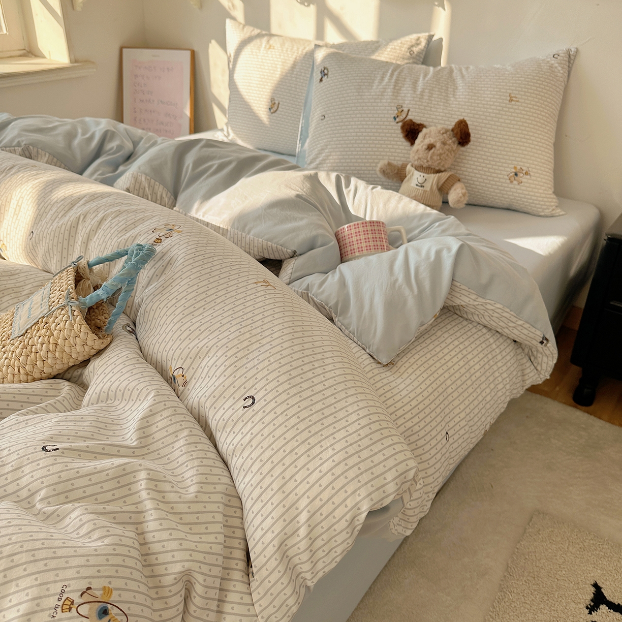 91家纺网 家纺一手货源 找家纺 沐芷 2026 【提供买家秀】水洗棉四件套A类简约小清新床上用品床笠款被套床单三件套被罩卡通可爱 旋转木马