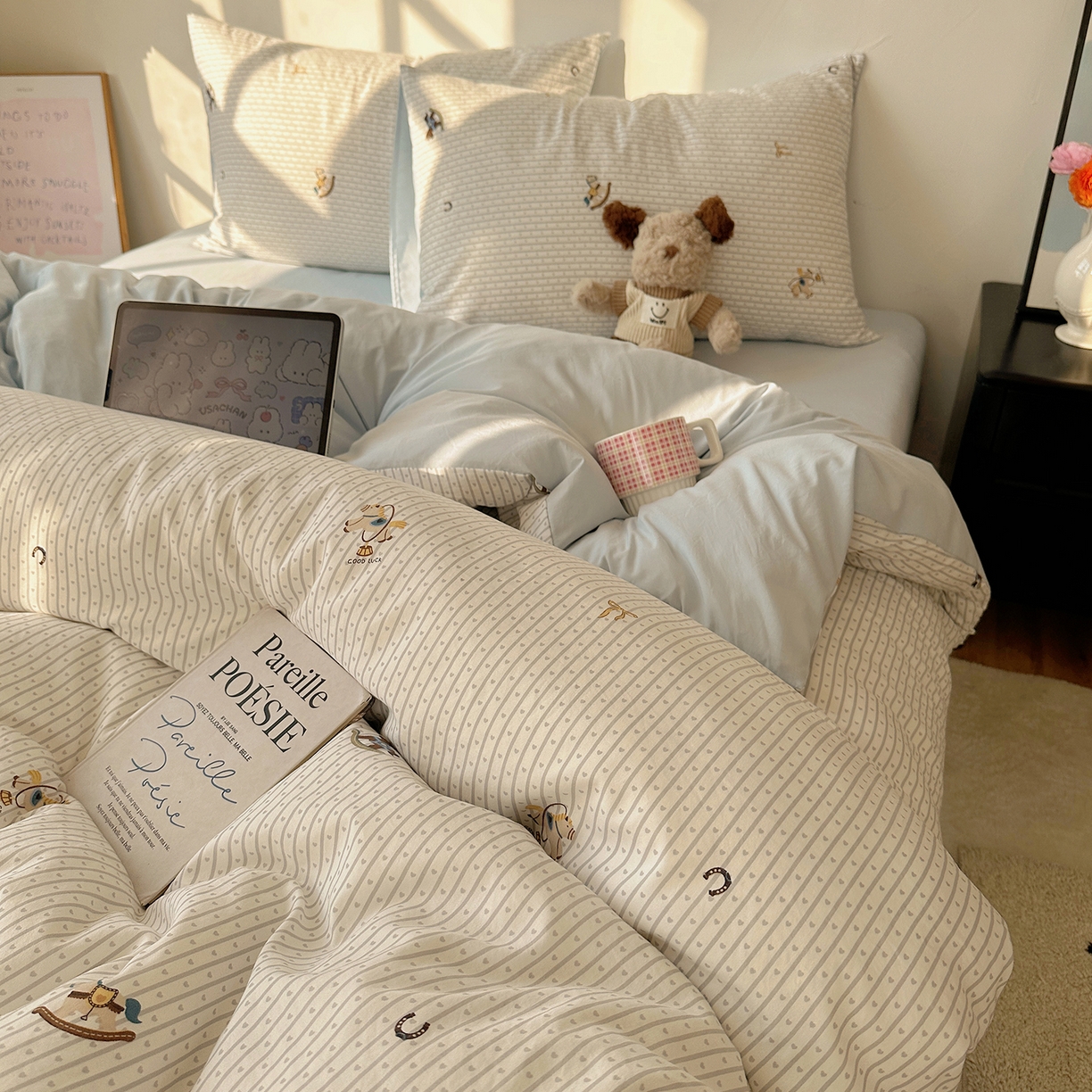 91家纺网 家纺一手货源 找家纺 沐芷 2026 【提供买家秀】水洗棉四件套A类简约小清新床上用品床笠款被套床单三件套被罩卡通可爱 旋转木马