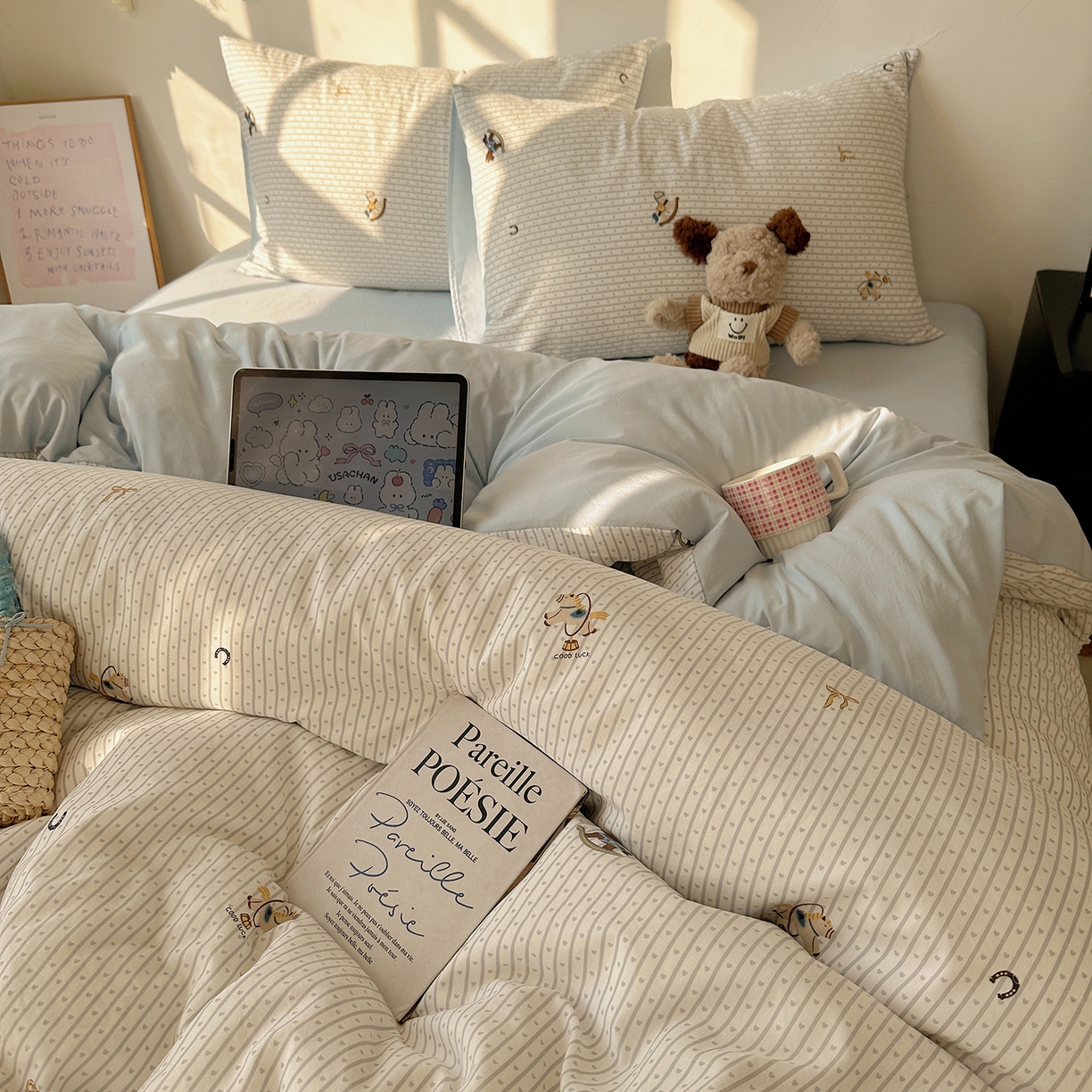 91家纺网 家纺一手货源 找家纺 沐芷 2026 【提供买家秀】水洗棉四件套A类简约小清新床上用品床笠款被套床单三件套被罩卡通可爱 旋转木马