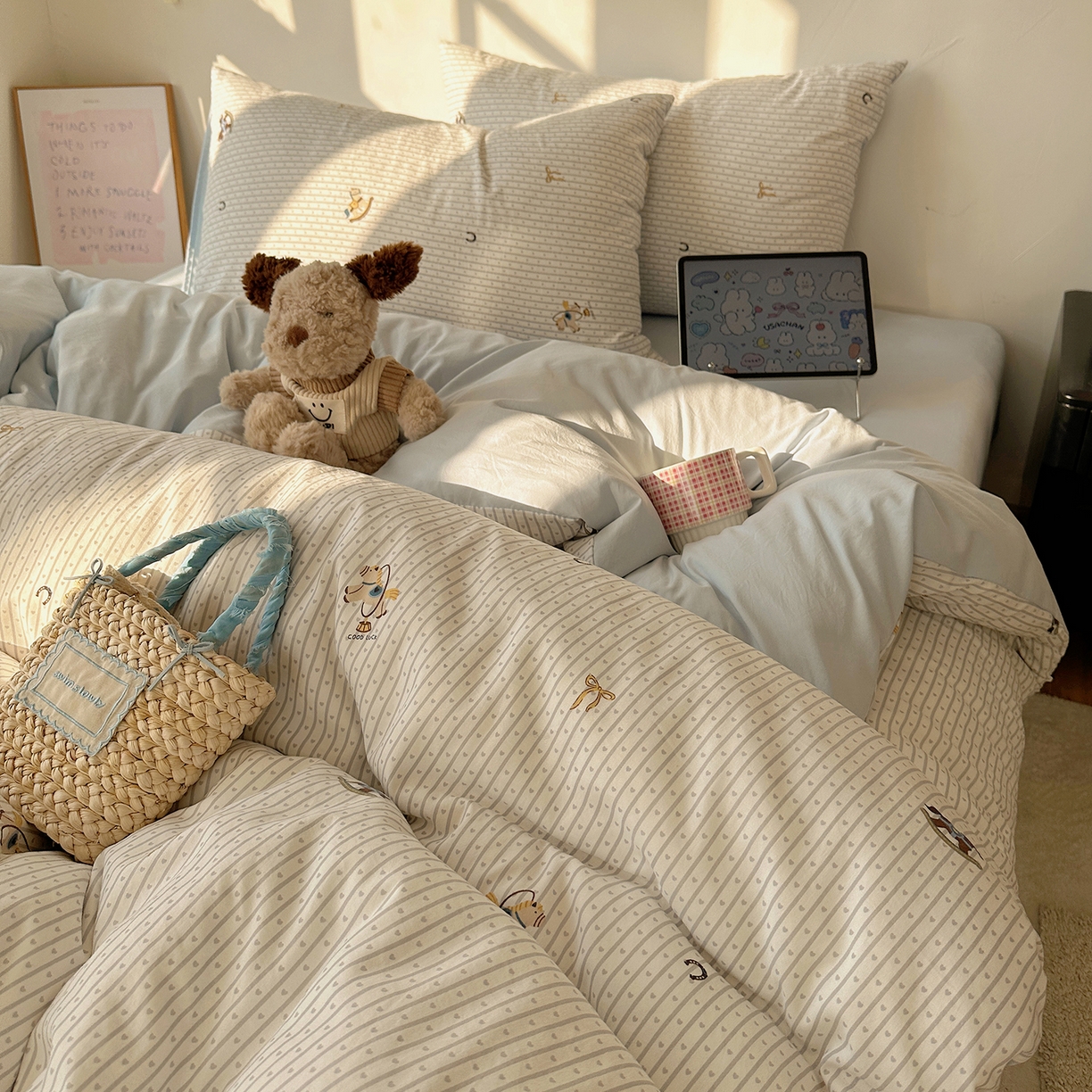 91家纺网 家纺一手货源 找家纺 沐芷 2026 【提供买家秀】水洗棉四件套A类简约小清新床上用品床笠款被套床单三件套被罩卡通可爱 旋转木马