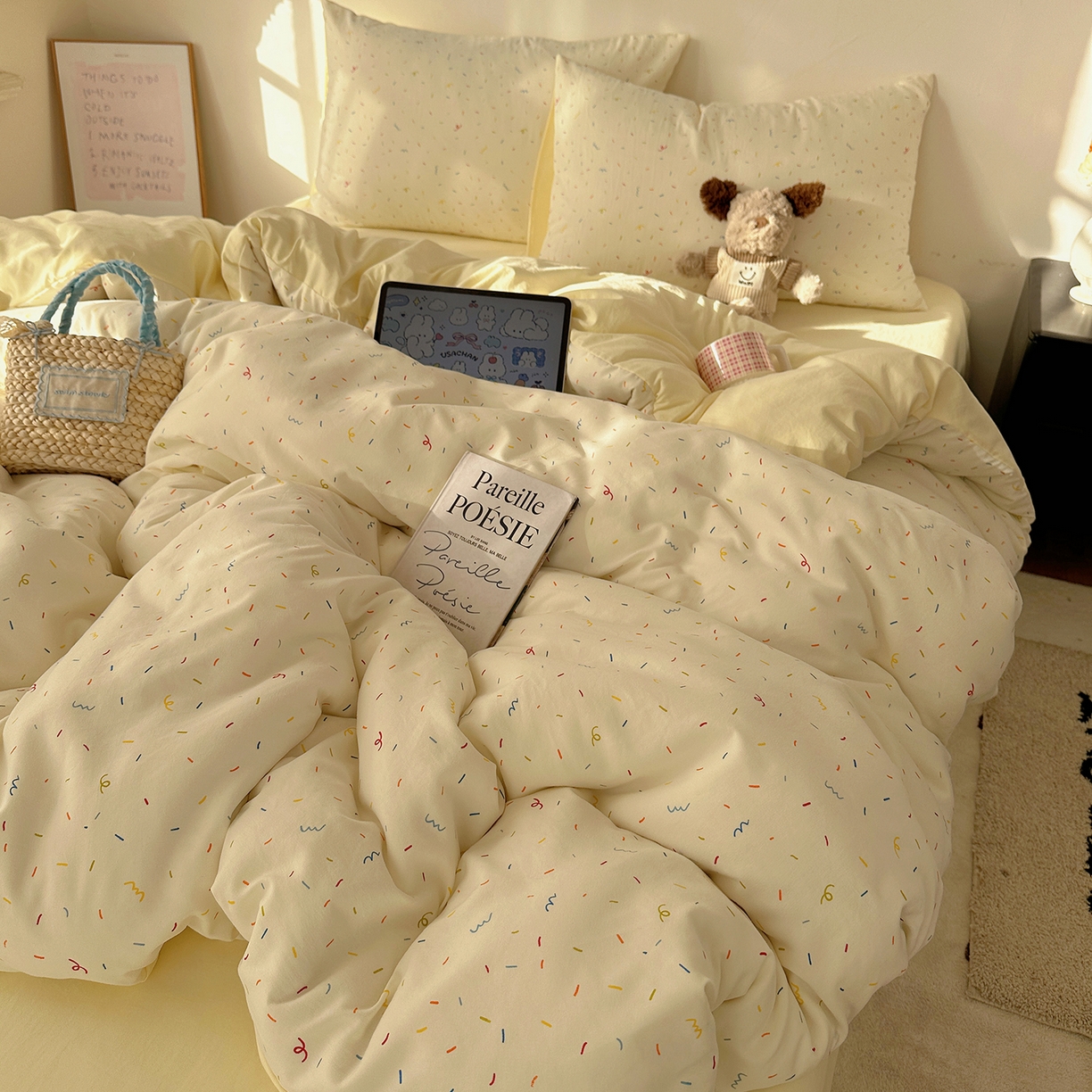 91家纺网 家纺一手货源 找家纺 沐芷 2026 【提供买家秀】水洗棉四件套A类简约小清新床上用品床笠款被套床单三件套被罩卡通可爱 芝士碎