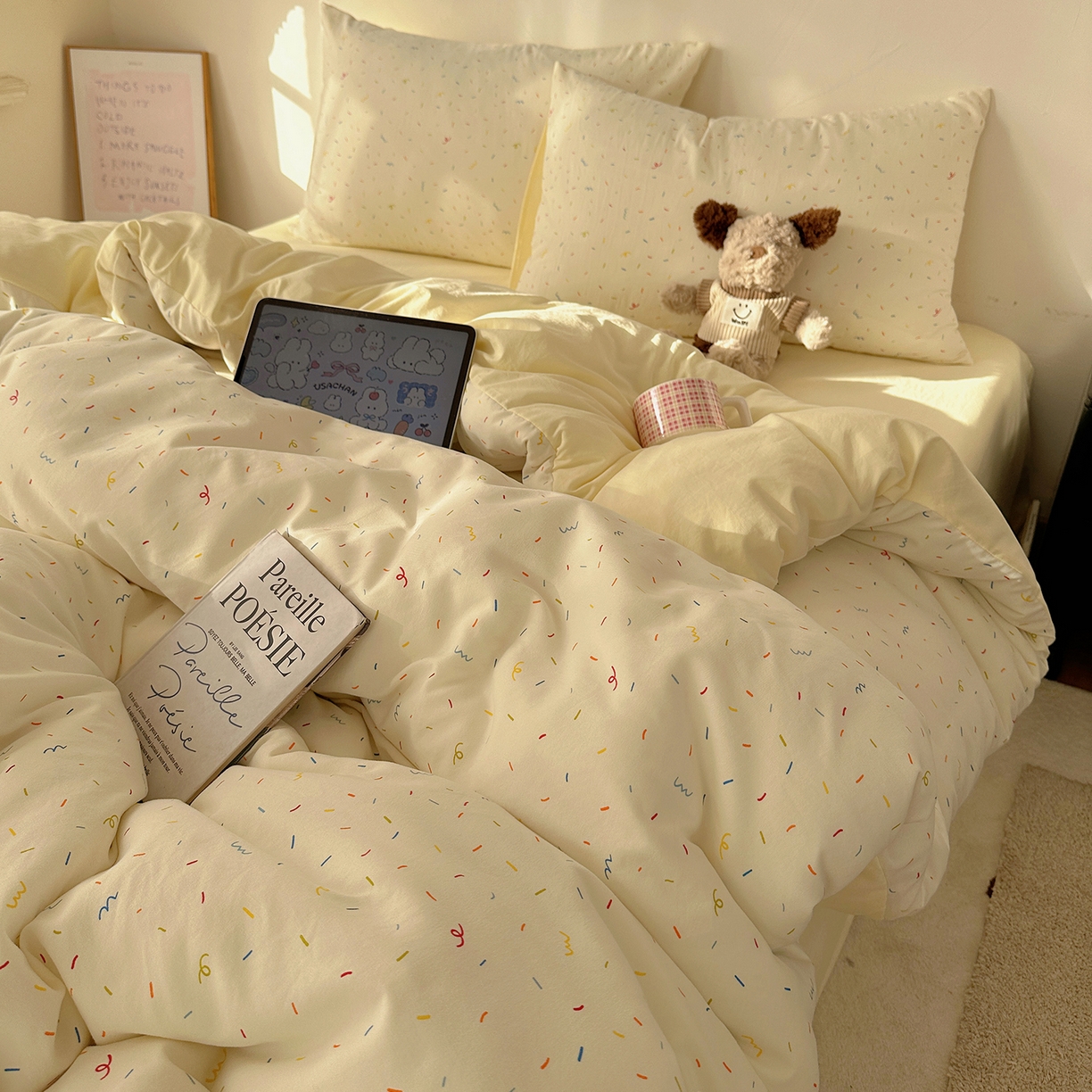 91家纺网 家纺一手货源 找家纺 沐芷 2026 【提供买家秀】水洗棉四件套A类简约小清新床上用品床笠款被套床单三件套被罩卡通可爱 芝士碎