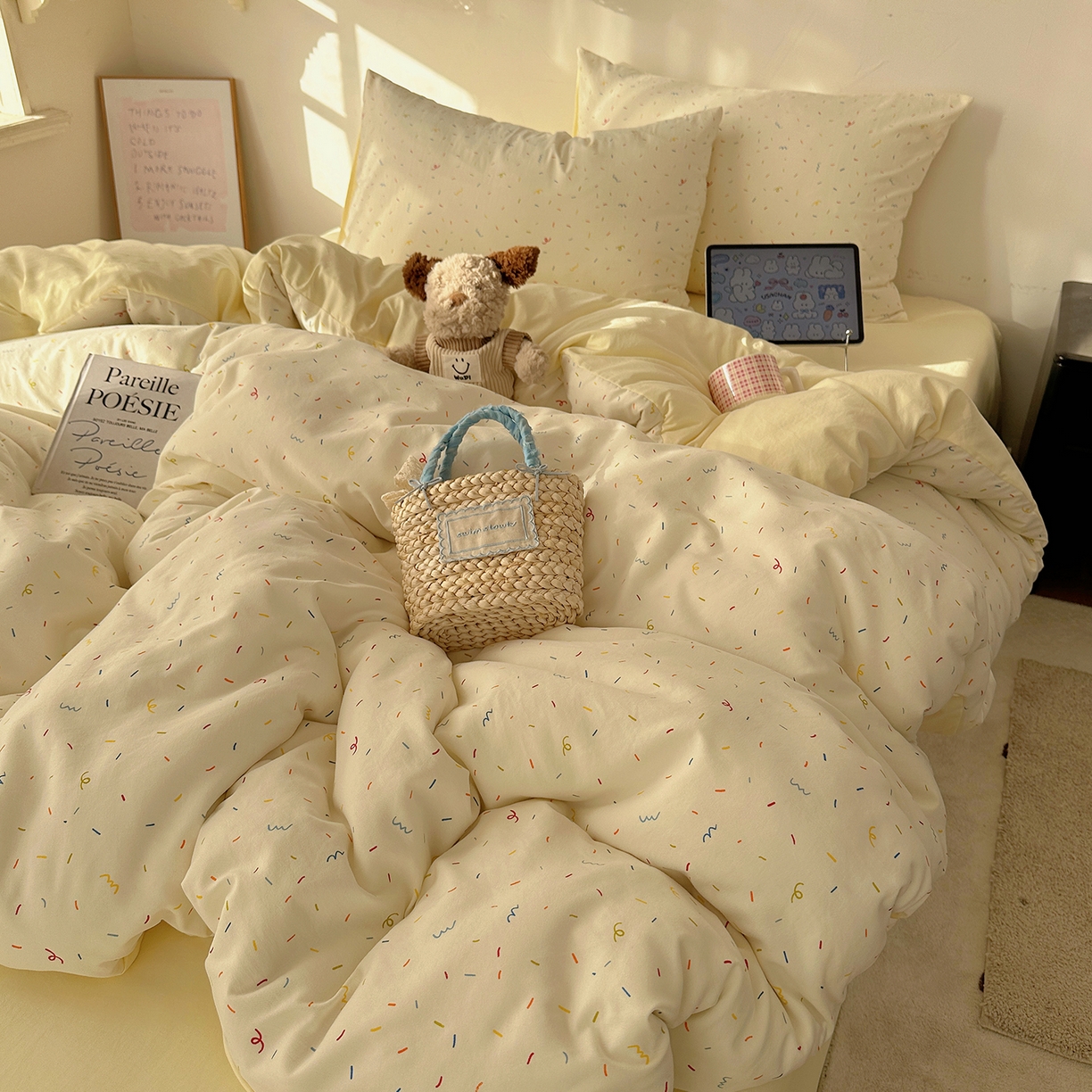 91家纺网 家纺一手货源 找家纺 沐芷 2026 【提供买家秀】水洗棉四件套A类简约小清新床上用品床笠款被套床单三件套被罩卡通可爱 芝士碎