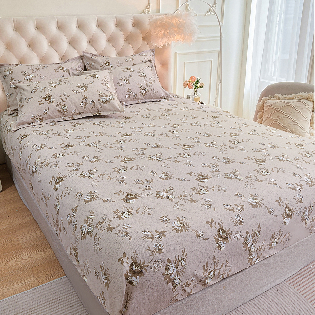 91家纺网 家纺一手货源 找家纺 小雨家纺 2026新款云锦棉韩版印花四件套系列 花屿9055咖拿铁棕