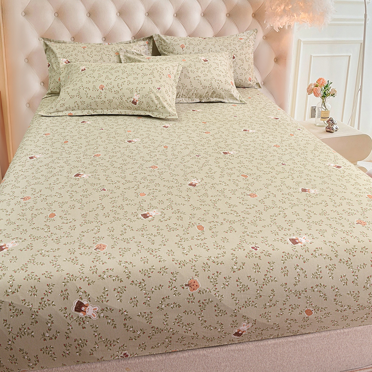 91家纺网 家纺一手货源 找家纺 小雨家纺 2026新款云锦棉韩版印花四件套系列 爱乐兔（拿铁棕）