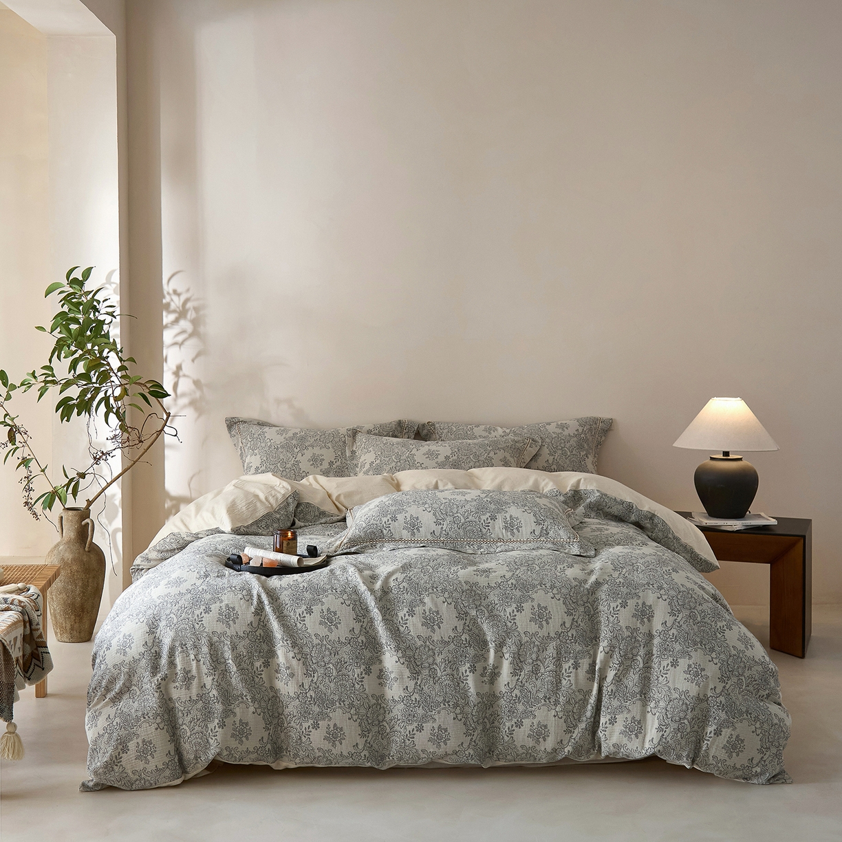 莱豫家纺 2026新款A类亚麻棉麻色织提花工艺款四件套 兰亭序灰