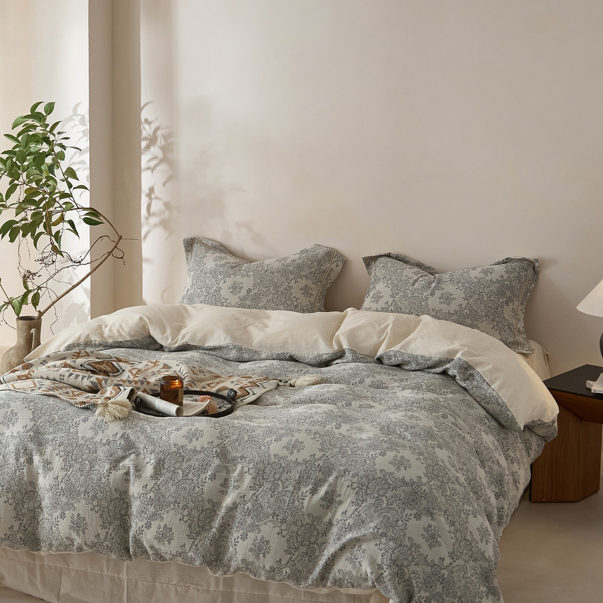 91家纺网 家纺一手货源 找家纺 莱豫家纺 2026新款A类亚麻棉麻色织提花工艺款四件套 兰亭序灰