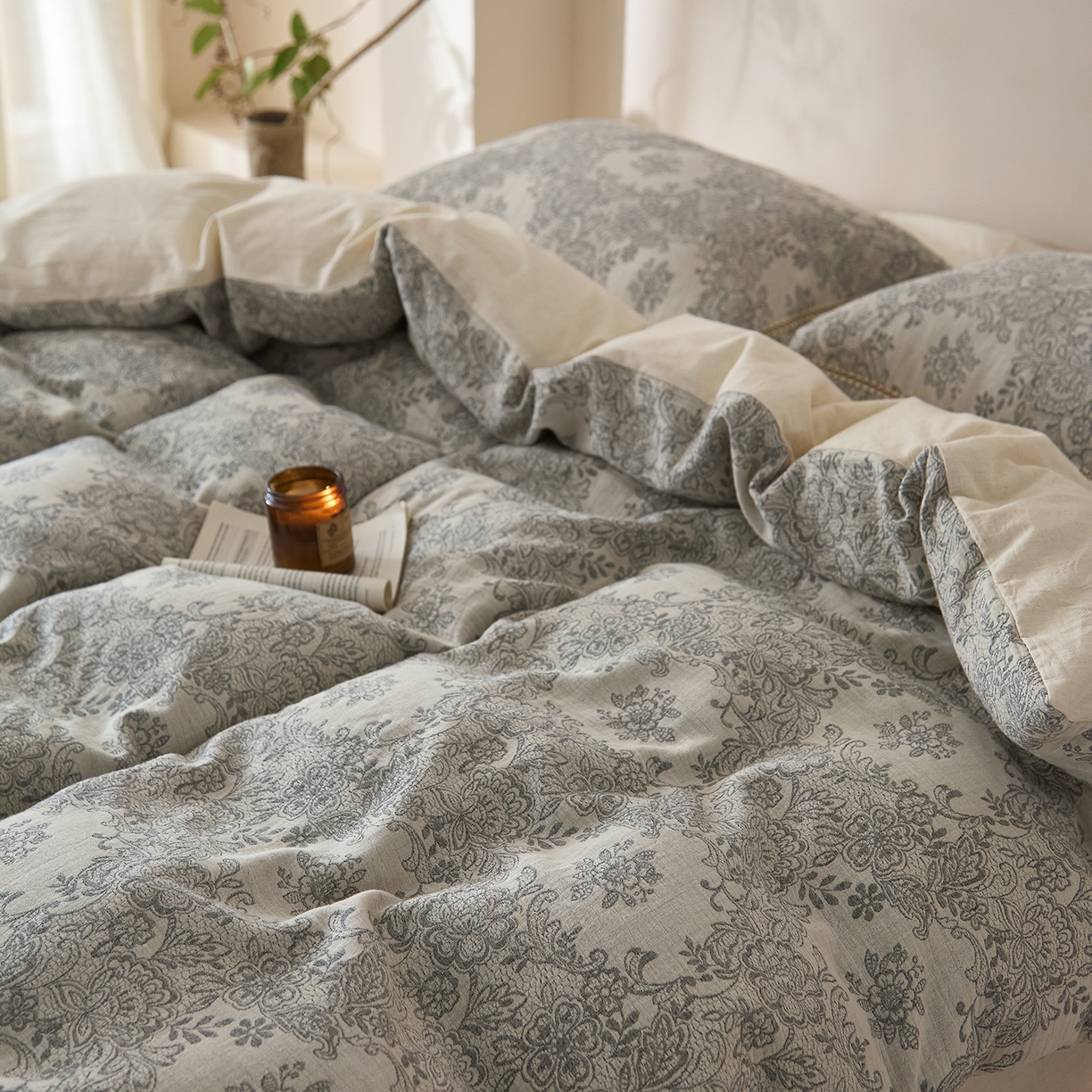 91家纺网 家纺一手货源 找家纺 莱豫家纺 2026新款A类亚麻棉麻色织提花工艺款四件套 兰亭序灰