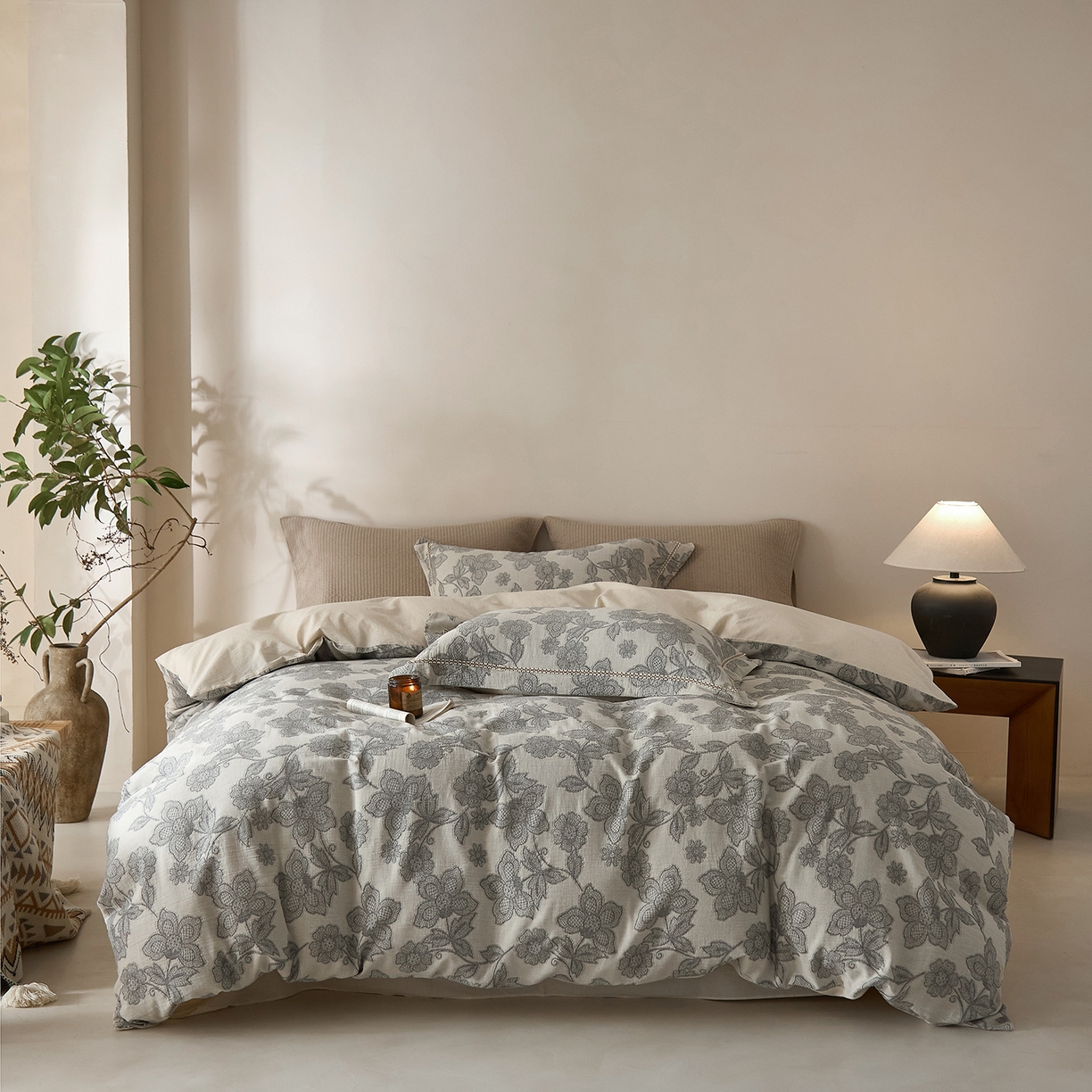 莱豫家纺 2026新款A类亚麻棉麻色织提花工艺款四件套 冷香月灰