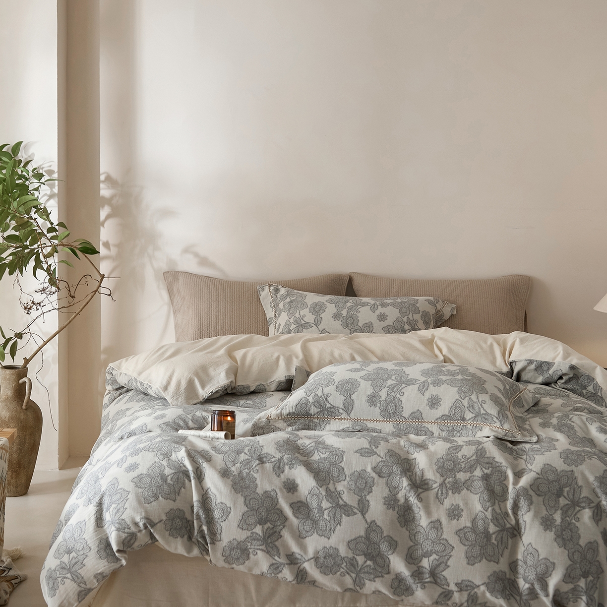 91家纺网 家纺一手货源 找家纺 莱豫家纺 2026新款A类亚麻棉麻色织提花工艺款四件套 冷香月灰