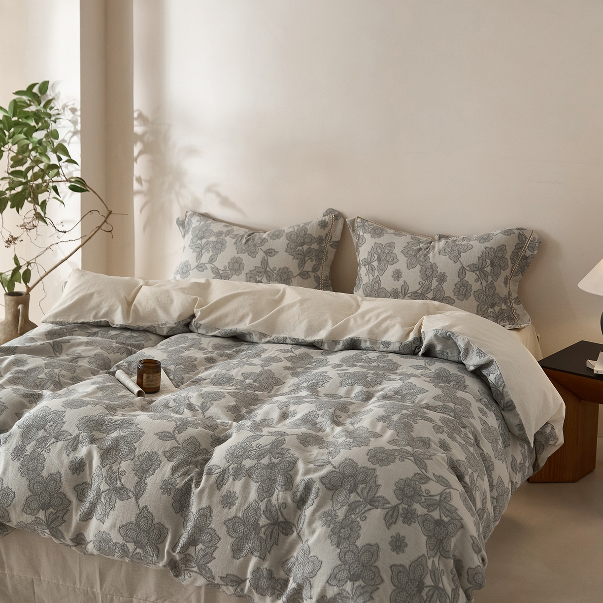 91家纺网 家纺一手货源 找家纺 莱豫家纺 2026新款A类亚麻棉麻色织提花工艺款四件套 冷香月灰