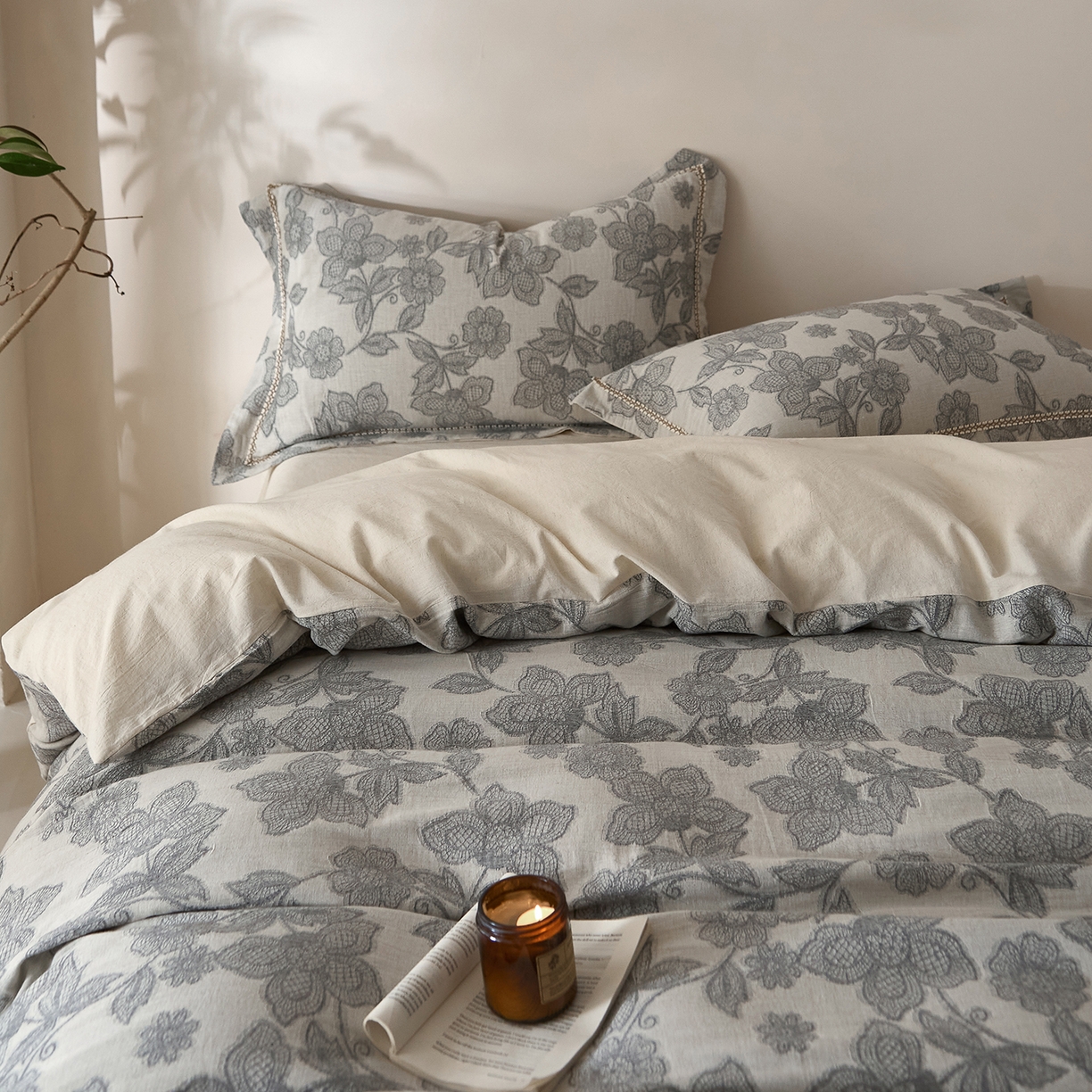 91家纺网 家纺一手货源 找家纺 莱豫家纺 2026新款A类亚麻棉麻色织提花工艺款四件套 冷香月灰